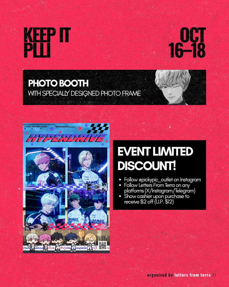 fiveasterumboys's tweet photo. ⛓️ KEEP IT PLLI ⛓️
🇸🇬 fan cafe event 
૮₍ photo booth ₎ა ♡ 

͙͘͡★ follow @/pickypic_outlet on instagram
͙͘͡★ follow Letters From Terra on any platform (tele - X - ig) 

show to the cashier to claim $2 off! 🫶

📅 16 — 18.10.2026 
📌 Nuldam Space @ *SCAPE 
🕰 12PM — 8PM daily https://t.co/W3ev6VjUlE