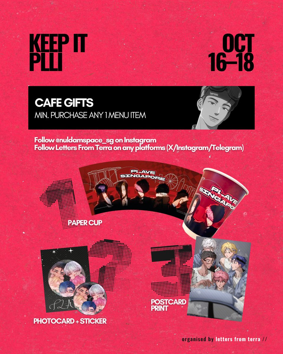 fiveasterumboys's tweet photo. ⛓️ KEEP IT PLLI ⛓️
🇸🇬 fan cafe event 
૮₍ cafe gifts ₎ა ♡ 

͙͘͡★ follow @/nuldamspace_sg on instagram
͙͘͡★ follow Letters From Terra on any platform (tele - X - ig) 
͙͘͡★ purchase any 1 menu item (food/drink/letter set only)

show to the cashier to redeem your gifts 🎁 

📅 16 — 18.10.2026 
📌 Nuldam Space @ *SCAPE 
🕰 12PM — 8PM daily