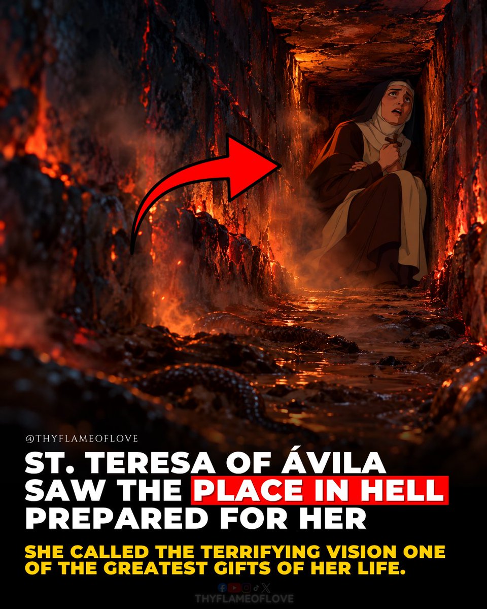 thyflameoflove's tweet photo. St. Teresa of Avila was shown a place in Hell that she believed was meant for her. What she experienced was so terrifying that years later, she could barely write about it without feeling the same horror again. ⤵️

She described this vision in her autobiography.

She said she suddenly found herself in a long, narrow tunnel that looked like a furnace. The ceiling was low, everything was dark, and the ground was covered in filthy, foul-smelling mud filled with horrible reptiles.

At the end was a tiny hole in the wall, almost like a cupboard. And that's where she found herself trapped.

The walls seemed to crush her. She could barely breathe. There was no light, no room to move, and no way to escape.

But what Teresa said next is what makes her account so frightening.

She said everything she saw was almost pleasant compared to what she actually felt.

There was a fire burning inside her soul, causing pain so terrible that she couldn't find words to describe it. And the worst part was knowing that this suffering would never end.

Teresa believed God had shown her the place her sins had deserved, and what His mercy had saved her from.

But her reaction afterward was something you might not expect.

She actually thanked God for showing her Hell. She called it one of the greatest gifts He had ever given her.

Because after seeing what she believed she had been saved from, the suffering she faced in this life no longer terrified her the same way.

But something else happened that changed how she looked at other people.

She began thinking about all the souls who were heading toward that same terrible place. And instead of feeling anger toward them, she felt overwhelming sadness.

She even said she would willingly die many deaths if it meant saving just one soul from Hell.

Imagine... She had seen something so horrifying that she never wanted anyone else to experience it, not even the worst sinner.

And that's what makes her vision so important.

Teresa didn't walk away believing she was better than anyone else. She knew she needed God's mercy just as much as they did.

And if there's one thing her experience should remind us of, it's that Hell is real, our choices matter, and we should never take God's mercy for granted.

Because as long as we're alive, we still have time to repent, turn away from sin, and come back to God.

But we don't know how much time we have.

💬 Have you ever experienced something that made you take your relationship with God much more seriously?