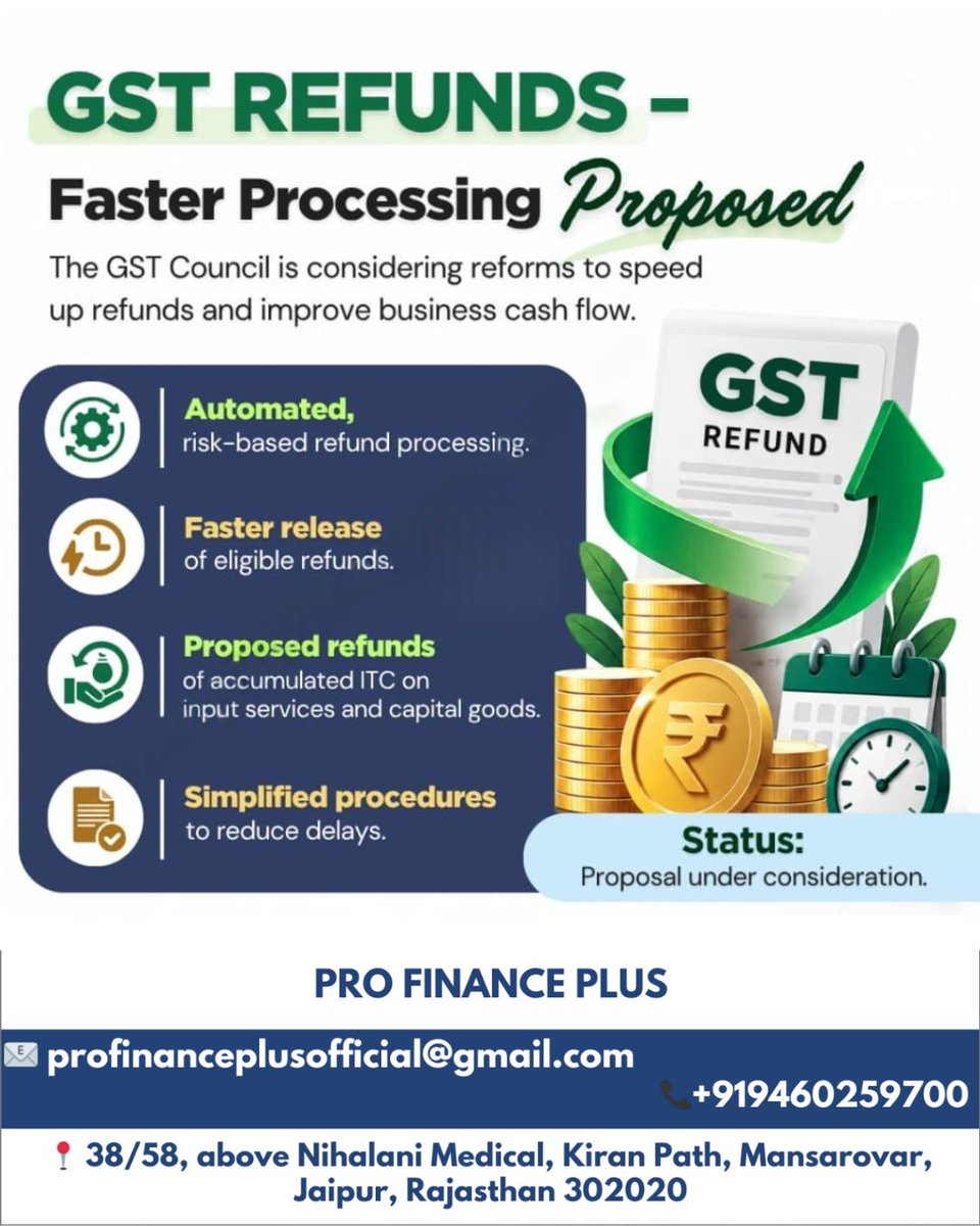 profinanceplus's tweet photo. GST Refunds – Faster Processing Proposed! 🚀
Good news for businesses and taxpayers! 🇮🇳 The GST Council is considering reforms aimed at speeding up GST refunds, simplifying procedures, and improving cash flow
#GST #GSTRefund #GSTUpdates #GSTIndia #Taxation #GSTCouncil https://t.co/sofw1H7jaR