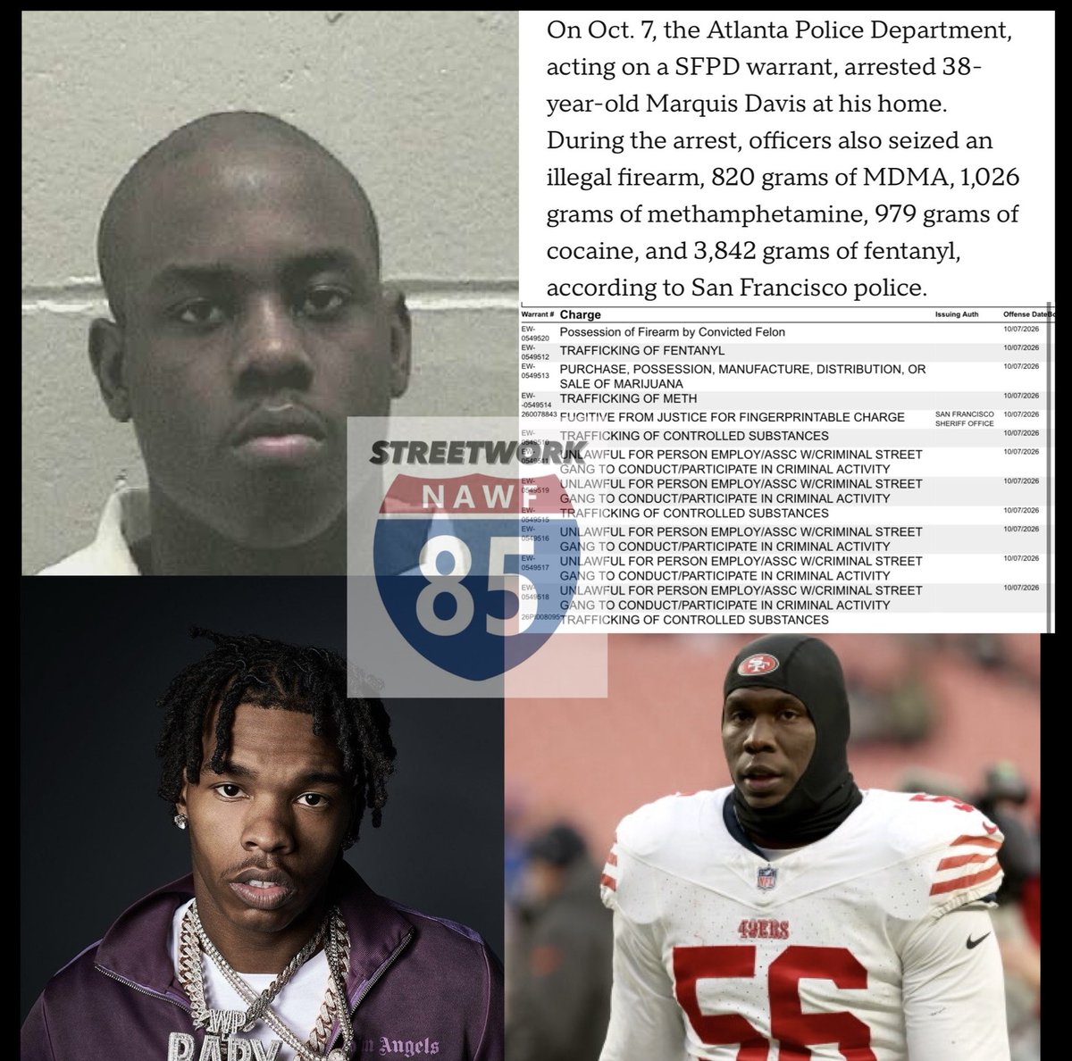 Streetwork85N's tweet photo. 4PF Poppy among 4 arrested after February shooting of 49ers player Allegedly stemming from argument with lil Baby &amp; crew; caught in Atlanta with 800 grams of Molly, 1000 grams of ice, 1000 grams of coke and 4000 grams of fent https://t.co/CzKemzNX1d