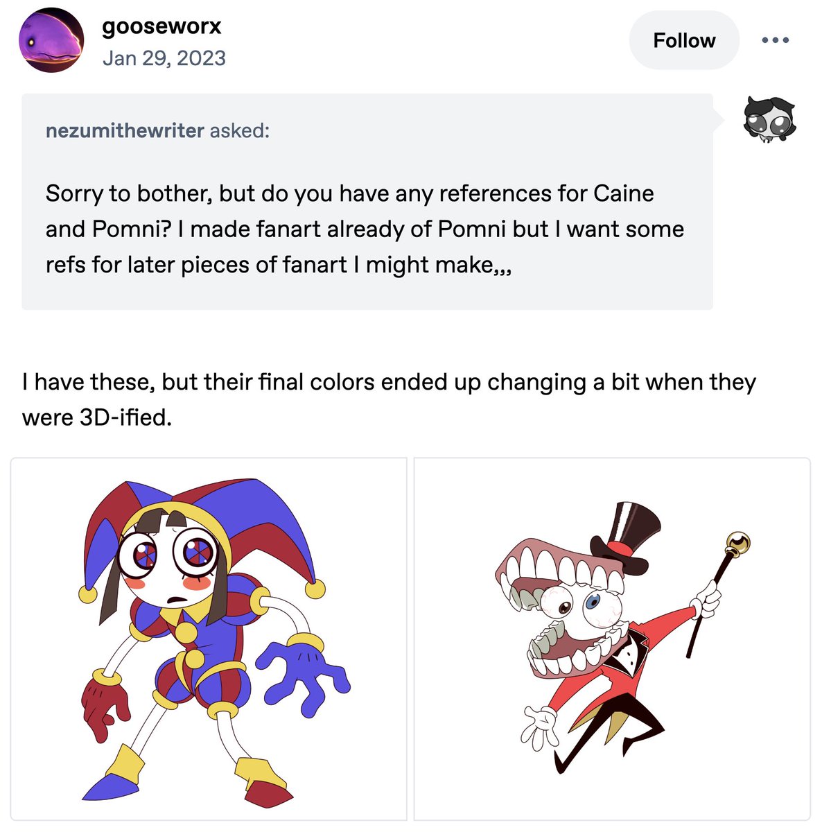 TADC_Archive's tweet photo. In January 2023, Gooseworx posted early designs of Pomni and Caine. The most notable differences are the colors used for the characters. https://t.co/TBy2i1M1FI
