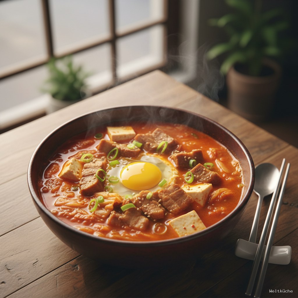 weltkueche's tweet photo. #Weltküche #Rezept #KoreanischeKüche

Kimchi Jjigae – Scharfer Kimchi-Eintopf mit Schweinefleisch und Tofu

"Essen ist nicht nur Nahrung, es ist ein Erlebnis, eine Erinnerung, eine Geschichte." – Anthony Bourdain.

Und genau das ist Kimchi Jjigae: eine wärmende Umarmung in einer Schüssel, ein Stück koreanischer Seele, das Geschmacksknospen tanzen lässt und Herzen erwärmt. Dieses Gericht ist ein Nationalheiligtum, das in fast jedem koreanischen Haushalt und Restaurant zu finden ist. Die Kombination aus reifem, säuerlichem Kimchi, saftigem Schweinefleisch und weichem Tofu, gebadet in einer tiefroten, würzigen Brühe, ist einfach unwiderstehlich. Es ist das perfekte Gericht, um an kalten Tagen wieder aufzutauen oder einfach nur die Seele baumeln zu lassen. Begleiten Sie mich in die Welt der koreanischen Hausmannskost und entdecken Sie dieses wunderbare Eintopfgericht.

### Kimchi Jjigae – Scharfer Kimchi-Eintopf mit Schweinefleisch und Tofu

**Zutaten (für 4 Personen):**

* 500 g gereiftes Kimchi (je älter, desto besser für den Geschmack)
* 250 g Schweinebauch (oder Nacken), in mundgerechte Stücke geschnitten
* 300 g fester Tofu, in ca. 2 cm dicke Scheiben geschnitten
* 1 große Zwiebel, gehackt
* 2 Frühlingszwiebeln, schräg in Ringe geschnitten (grüner Teil separat aufbewahren)
* 3 Knoblauchzehen, fein gehackt
* 2 EL Gochujang (koreanische Chilipaste)
* 1 EL Gochugaru (koreanisches Chilipulver), nach Geschmack anpassen
* 1 EL Sesamöl
* 1 EL Reiswein (Mirin oder Soju)
* 1 EL Sojasauce
* 750 ml Dashi-Brühe (oder Wasser)
* 100 g Pilze (Shiitake oder Austernpilze), in Scheiben geschnitten (optional)
* Salz und Pfeffer zum Abschmecken
* Gekochter Reis zum Servieren

**Zubereitung:**

1. **Vorbereitung:** Das Kimchi in mundgerechte Stücke schneiden. Den Schweinebauch ebenfalls in ca. 2-3 cm große Stücke schneiden. Den Tofu in Scheiben schneiden. Zwiebel und Knoblauch fein hacken, die Frühlingszwiebeln schräg in Ringe schneiden und den grünen Teil für die Garnitur beiseitelegen.
2. **Fleisch anbraten:** In einem Topf oder einer koreanischen Steintopf (Dolsot) das Sesamöl erhitzen. Den Schweinebauch darin bei mittlerer bis hoher Hitze goldbraun anbraten. Die Zwiebel und den gehackten Knoblauch hinzufügen und weitere 2-3 Minuten mitbraten, bis die Zwiebeln weich sind und duften.
3. **Kimchi und Gewürze hinzufügen:** Das geschnittene Kimchi zum Fleisch geben und etwa 5-7 Minuten unter Rühren anbraten. Dies intensiviert den Geschmack des Kimchi. Nun Gochujang, Gochugaru, Reiswein und Sojasauce hinzufügen und alles gut vermischen. Eine Minute weiterbraten, damit sich die Aromen entfalten.
4. **Aufkochen:** Die Dashi-Brühe (oder Wasser) angießen. Die Pilze (falls verwendet) hinzufügen. Alles zum Kochen bringen, dann die Hitze reduzieren und etwa 10-15 Minuten köcheln lassen, damit sich die Aromen verbinden und das Schweinefleisch zart wird.
5. **Tofu und Frühlingszwiebeln:** Die Tofuscheiben vorsichtig in den Eintopf legen und die weißen Teile der Frühlingszwiebeln hinzufügen. Weitere 5-7 Minuten köcheln lassen, bis der Tofu durchgewärmt ist und die Brühe leicht eingedickt ist.
6. **Abschmecken und Servieren:** Den Kimchi Jjigae mit Salz und Pfeffer abschmecken. Oft ist durch das Kimchi und die Sojasauce bereits genug Salz vorhanden. Mit den grünen Frühlingszwiebelringen garnieren und sofort heiß mit frisch gekochtem Reis servieren. Genießen Sie dieses herzhafte Gericht direkt aus dem Topf!

Möchten Sie ausprobieren, ob dieses Rezept auch auf ketogen geändert werden könnte? Ein Link ist im Homepage-Rezept verfügbar:

https://t.co/VoRpWZxpof