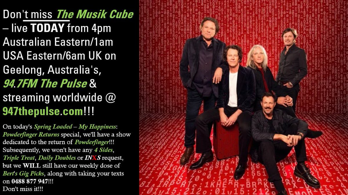yarn22's tweet photo. #TheMusikCube - live TODAY at 4pm Australian Eastern/1am USA Eastern/6am UK on @947ThePulse, https://t.co/bcEPPErTBk &amp; via the #CommunityRadioPlus &amp; @TuneIn apps! 
#SpringLoaded - #MyHappiness #PowderfingerReturns Special. Two hours of nothing but THE BEST from
@Powderfinger_AU! https://t.co/Q65lilGwin