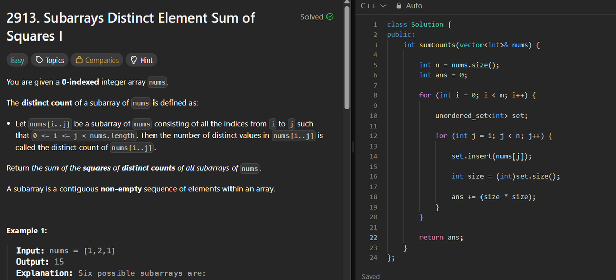 Jatin_lifo82's tweet photo. 🌟Day 628.
Solve @geeksforgeeks || @LeetCode
POTD Cpp⚡
Question LC. 2913. Subarrays Distinct Element Sum of Squares I✅.
Question GFG. Maximum Without 3 Consecutive Set Bits Medium.
#geeksforgeeks #leetcode #DSA #POTD
@LeetCode @geeksforgeeks #CPP26 #CodingChallenge https://t.co/t82OcaS5vx