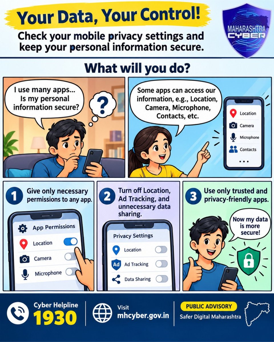 MahaCyber1's tweet photo. Your Data, Your Control! 🔐 | Mobile Privacy Awareness | Maharashtra Cyber
.
.
#YourDataYourControl #CyberSecurity #OnlinePrivacy #MobilePrivacy #DataProtection #CyberAwareness #MaharashtraCyber #DigitalSafety #PrivacyMatters #StaySafeOnline #AppPermissions #StopDataSharing https://t.co/37S5snJqb1