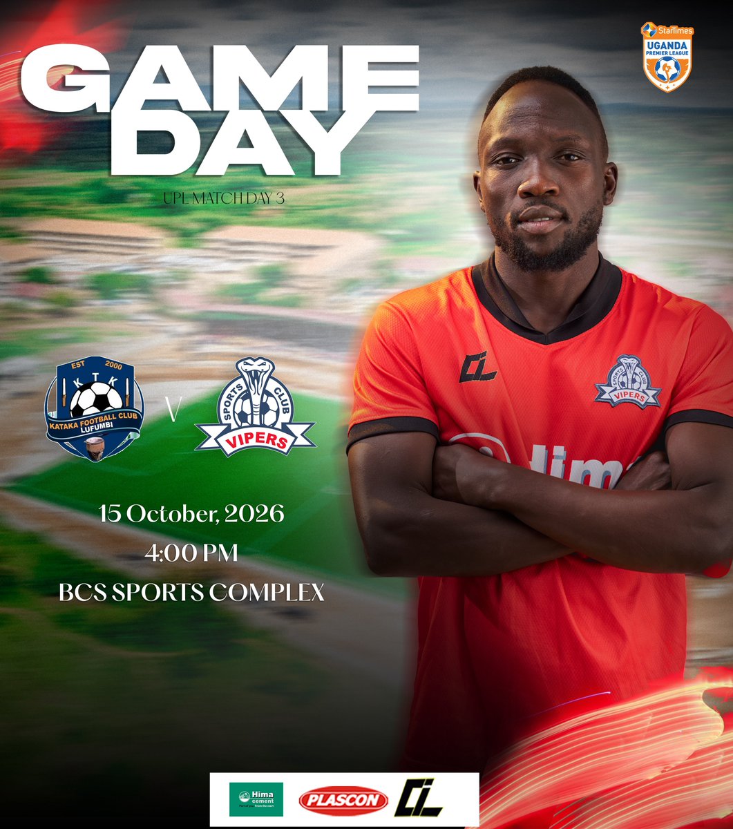 VipersSC's tweet photo. Time to bounce back in Bukedea. 👊🏿

⚽ | Match Day No. 03 (Reschedule)
🏆 | Uganda Premier League
🔜 | Kataka FC 🆚 Vipers SC 
📆 | Thursday, 15/10/2026
⌚ | 4:00PM 
📍 | BCS Sports Complex 
📺 | Sanyuka Prime 

#KTKVIP || #VenomsUpdates || #OneTeamOneDream || https://t.co/DVIoROyP0h