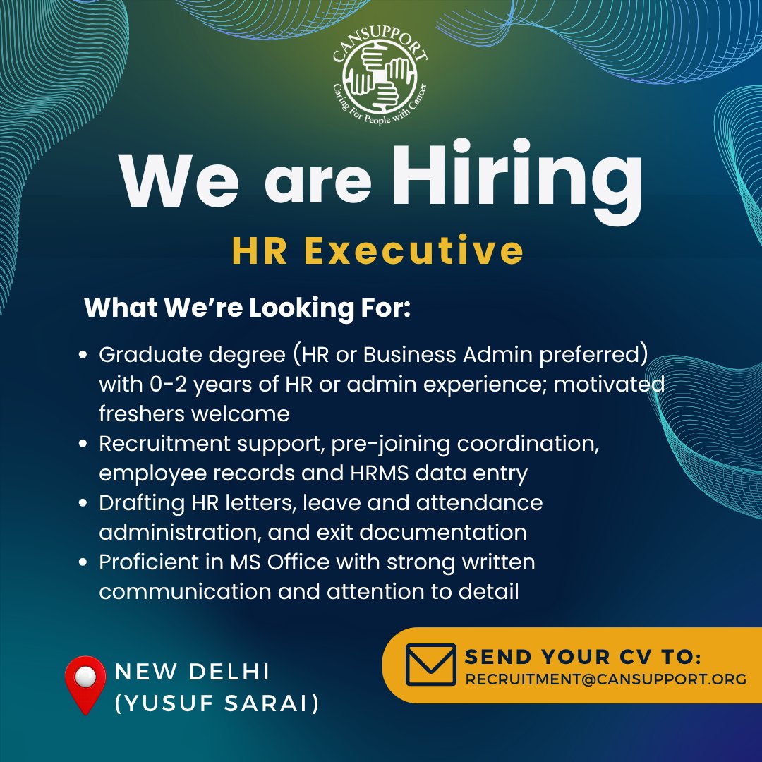 CanSupportND's tweet photo. We’re Hiring: HR Executive 📢

📍 New Delhi: Yusuf Sarai

📩 Send your CV to: recruitment@cansupport.org

#Hiring #HRJobs #HRExecutive #DelhiNCR #CanSupport #NGOJobs #JobOpening https://t.co/rzaTJpB0kp