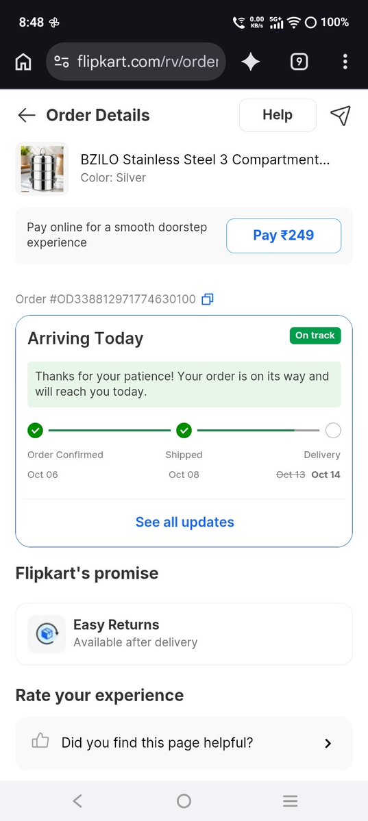 Krishna06146930's tweet photo. FRAUD FLIPKART! 😡
Don't buy anything from Flipkart! They can't even deliver a single item on time and keep delaying it for 12–14 days.
Extreme customer harassment! Proof attached in the screenshot below.
Order ID: OD338812971774630100  
#BoycottFlipkart #CustomerHarassment https://t.co/3cuBaxaN6e