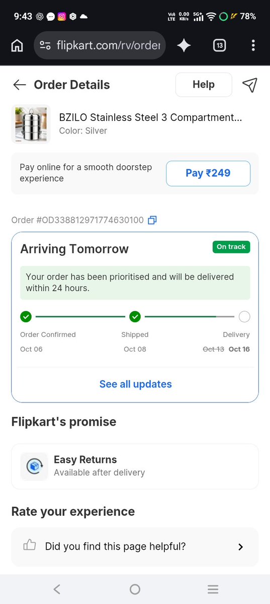 Krishna06146930's tweet photo. FRAUD FLIPKART! 😡
Don't buy anything from Flipkart! They can't even deliver a single item on time and keep delaying it for 12–14 days.
Extreme customer harassment! Proof attached in the screenshot below.
Order ID: OD338812971774630100  
#BoycottFlipkart #CustomerHarassment https://t.co/3cuBaxaN6e