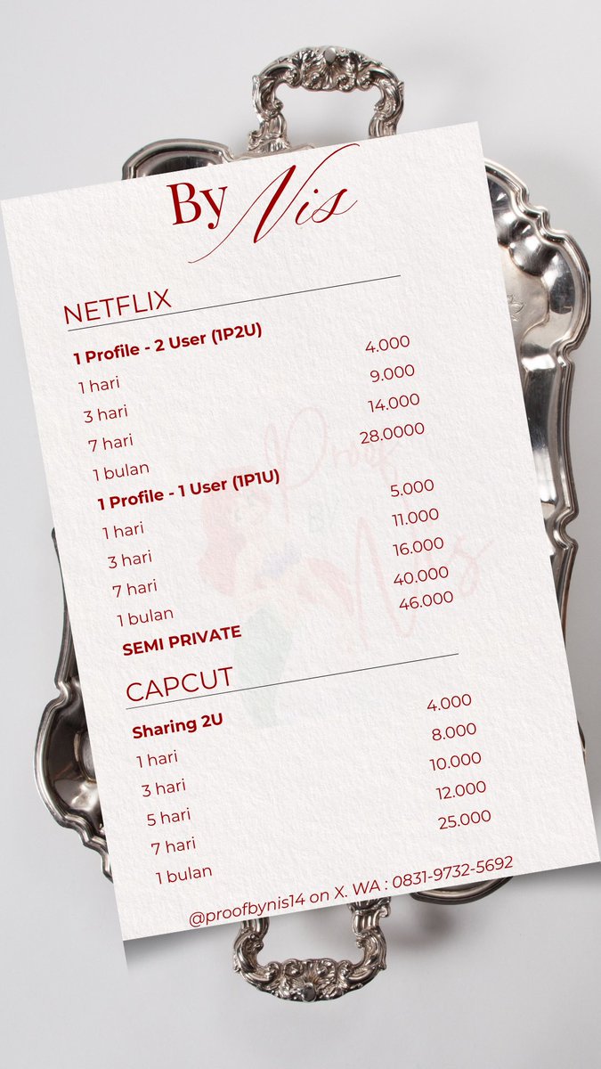 proofbynis25's tweet photo. WTS CAPCUT NETFLIX CANVA 

17 #zonauangㅤ https://t.co/vLA6uP2jwO