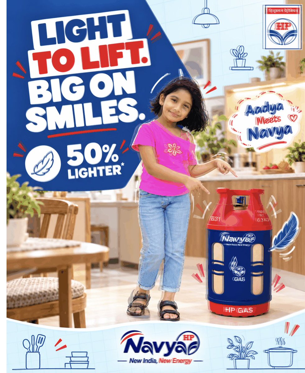 Its_Safdar's tweet photo. Light to lift. Big on smiles. ✨
Meet HP NAVYA — the 50% lighter LPG cylinder that makes everyday cooking feel easier, brighter and more convenient.
#HPNavya #LightToLift #SmartCooking @HPCL @HPGAS_HQO https://t.co/8lCl7nxEER