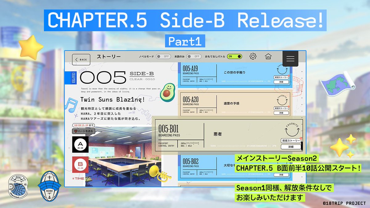 18trip_official's tweet photo. 📖 CHAPTER.5 B面前半公開開始📖

メインストーリー CHAPTER.5 B面
前半10話
公開を開始しました✈

B面は「前半」「後半」に分けて実装させて頂きます。
後半公開は10/20夕方頃を予定しています。

#エイトリ https://t.co/vb8oLYMiIC