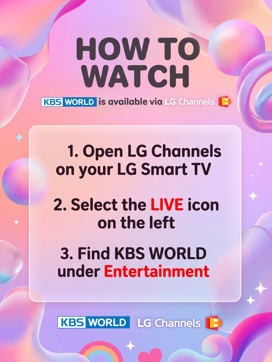 KBSWorldTV's tweet photo. ⚠️ ATTENTION!⚠️ Everyone, gather around your TV!
KBS WORLD is now available on 𝗟𝗚 𝗦𝗺𝗮𝗿𝘁 𝗧𝗩!🎉

Great news! As of October 2026,
KBS WORLD is available via LG Channels in 14 countries. 🌍✨

📍 Available in:
UK, The Netherlands, Sweden, Norway, Denmark, Finland, Iceland, UAE, Mexico, Brazil, Chile, Peru, Colombia, Argentina

👇 How to tune in:
1️⃣ Open the LG Channels app on your LG Smart TV.
2️⃣ Select the LIVE icon on the left.
3️⃣ Find KBS WORLD under the Entertainment.

Your TV time just got a whole lot more exciting! 😎🍿

#kbsworld #lgsmarttv #LGChannels #KBS #Kpop #Kdrama #KoreanEntertainment #smarttv #kbsworldtv