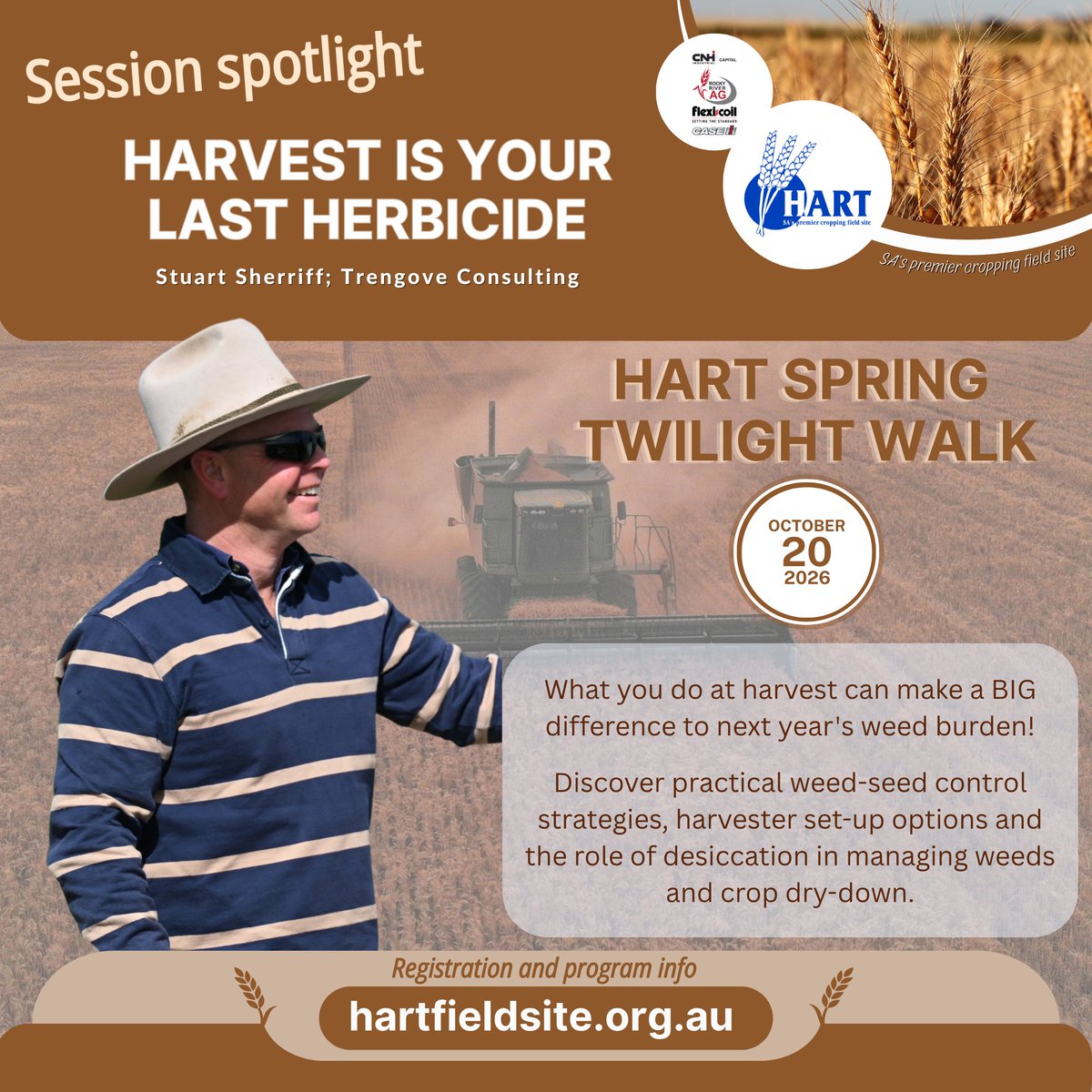 HartFieldDay's tweet photo. 🌾 HART SPRING TWILIGHT WALK | 20 OCT
🔦 Harvest Is Your Last Herbicide

What you do at harvest impacts next year's weeds!

Hear Stuart Sherriff on weed-seed control, harvester set-up &amp; desiccation.

Register: https://t.co/fJPPpnDtRe
Info: https://t.co/4YnZ6U1mFU https://t.co/oBnNZx11bB