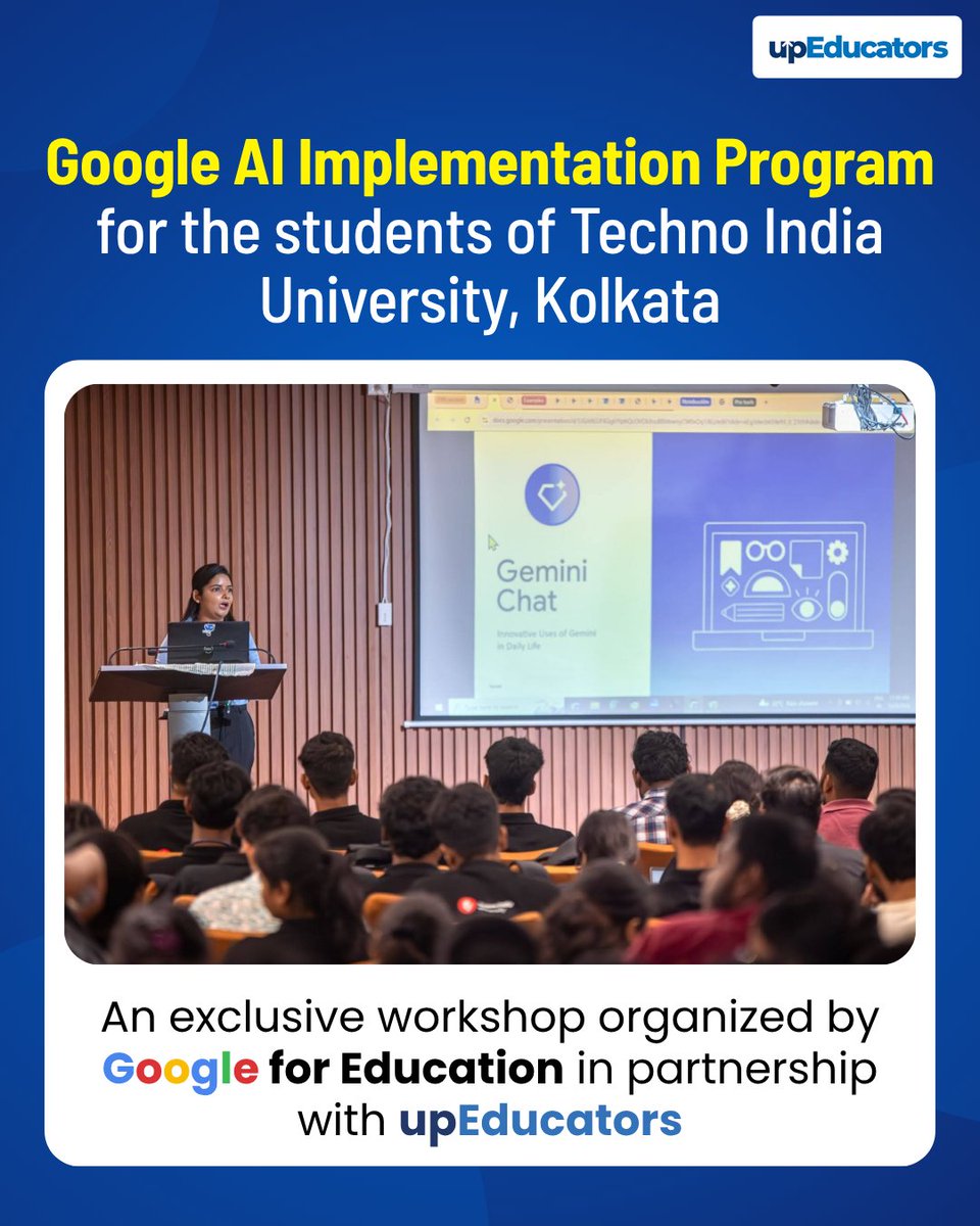 upEducators's tweet photo. 🚀 Shaping tomorrow with AI today! 🤖✨

Celebrating the successful Google AI Implementation Program with the brilliant students of Techno India University, Kolkata! 💡

#GoogleAI #AIImplementation #TechnoIndiaUniversity #upEducators https://t.co/lRaCI4tzI8