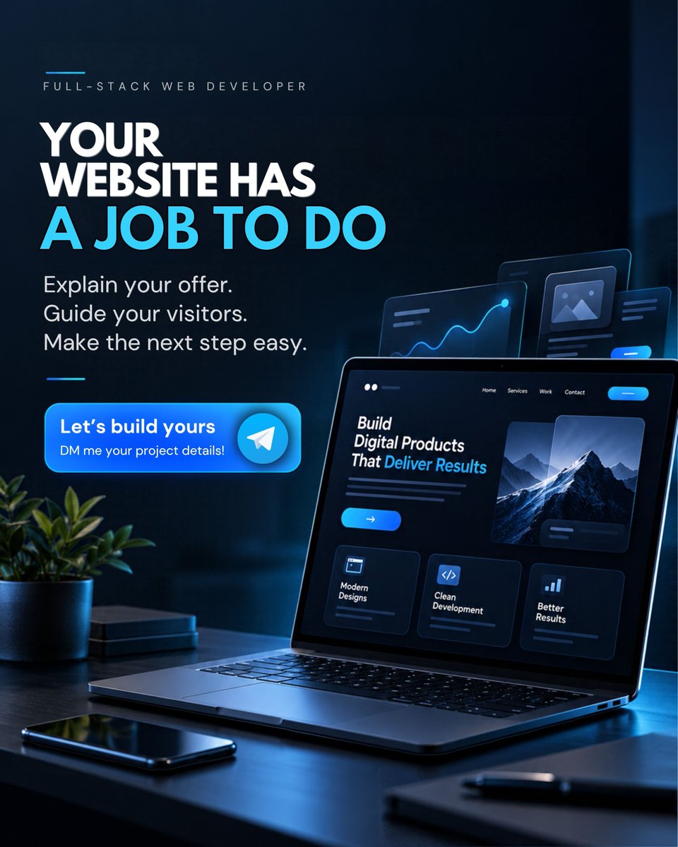 Jibraneh's tweet photo. Your website has a job to do. 

A great website does more than look good. It explains your offer, guides visitors, and turns interest into enquiries.

Ready for a website that works? DM me! 📩

#WebDesign #WebsiteDevelopment #LandingPage https://t.co/Ht1LUcArbf