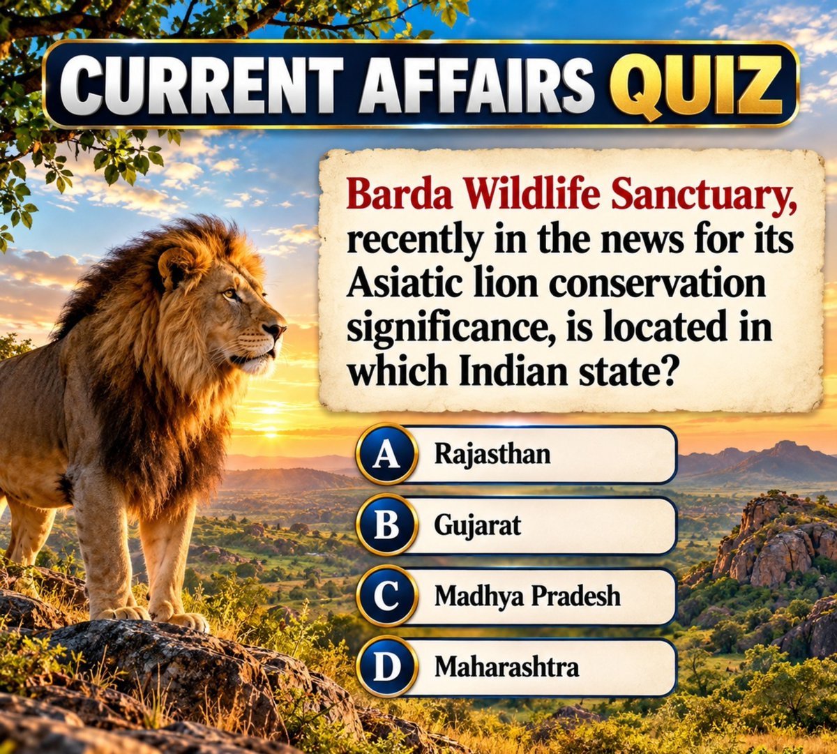 cematerial's tweet photo. Current Affairs Quiz🔔:

Barda Wildlife Sanctuary, recently in the news,  is located in which state?

#currentaffairsquiz #currentaffairs #UPSC #SSC  #RRB #BPSC  #competitiveexams https://t.co/Io8OCqk3dN