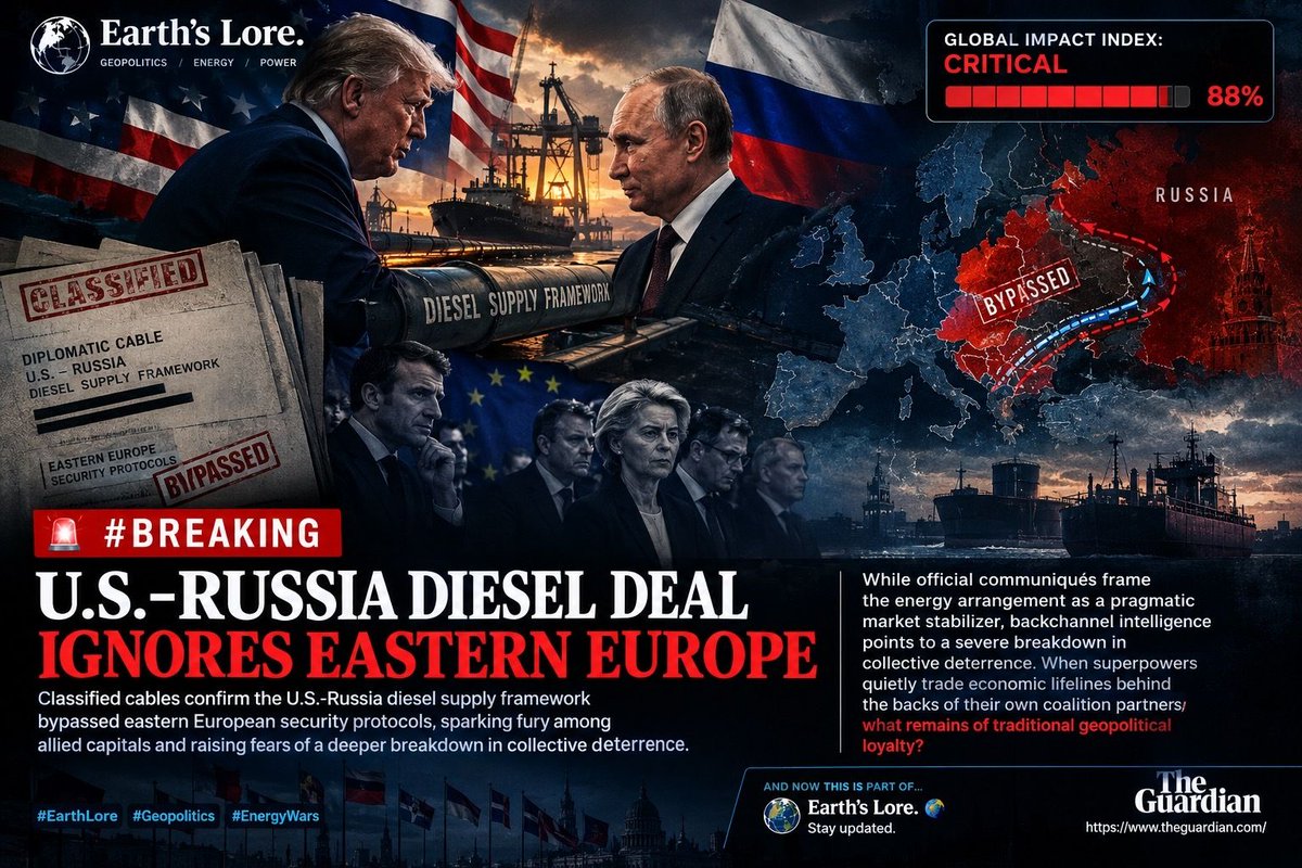 EARTH_LOR3's tweet photo. GLOBAL IMPACT INDEX: CRITICAL [████████░░] 88%

#BREAKING 🚨
14 OCT 2026 — 14:03 UTC — Western alliance corridors are experiencing deep fractures. Classified diplomatic cables confirm that the newly brokered U.S.-Russia diesel supply framework has bypassed eastern European security protocols, leaving allied capitals in outright fury.
While official communiqués frame the energy arrangement as a pragmatic market stabilizer, backchannel intelligence points to a severe breakdown in collective deterrence. When superpowers quietly trade economic lifelines behind the backs of their own coalition partners, what remains of traditional geopolitical loyalty?

#EarthLore #Geopolitics #EnergyWars

AND NOW THIS IS PART OF…
Earth’s Lore. 🌍

Stay updated.
The Guardian
https://t.co/FF9uOxZMGT