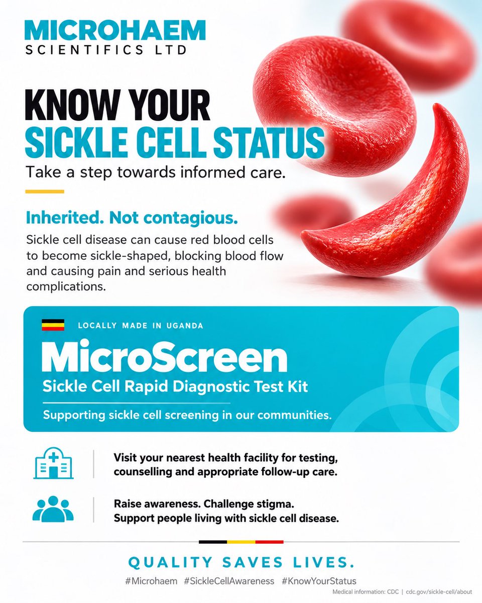 Microhaem's tweet photo. KNOW YOUR SICKLE CELL STATUS 
Take a step towards informed care.

Sickle cell disease is inherited, not contagious. It can cause red blood cells to become sickle-shaped, blocking blood flow and causing pain and serious health complications.

At Microhaem Scientifics Ltd, our locally manufactured #MicroScreen Sickle Cell Rapid Diagnostic Test kit supports sickle cell screening—bringing Ugandan-made diagnostics closer to our communities. 🇺🇬

Visit your nearest health facility and ask about sickle cell testing, counselling and appropriate follow-up care.

Together, let’s raise awareness, challenge stigma and support people living with sickle cell disease.

QUALITY SAVES LIVES.

#Microhaem #SickleCellAwareness #KnowYourStatus #MadeInUganda #QualitySavesLives

Medical information: CDC. https://t.co/Y0bAMB0ZbU