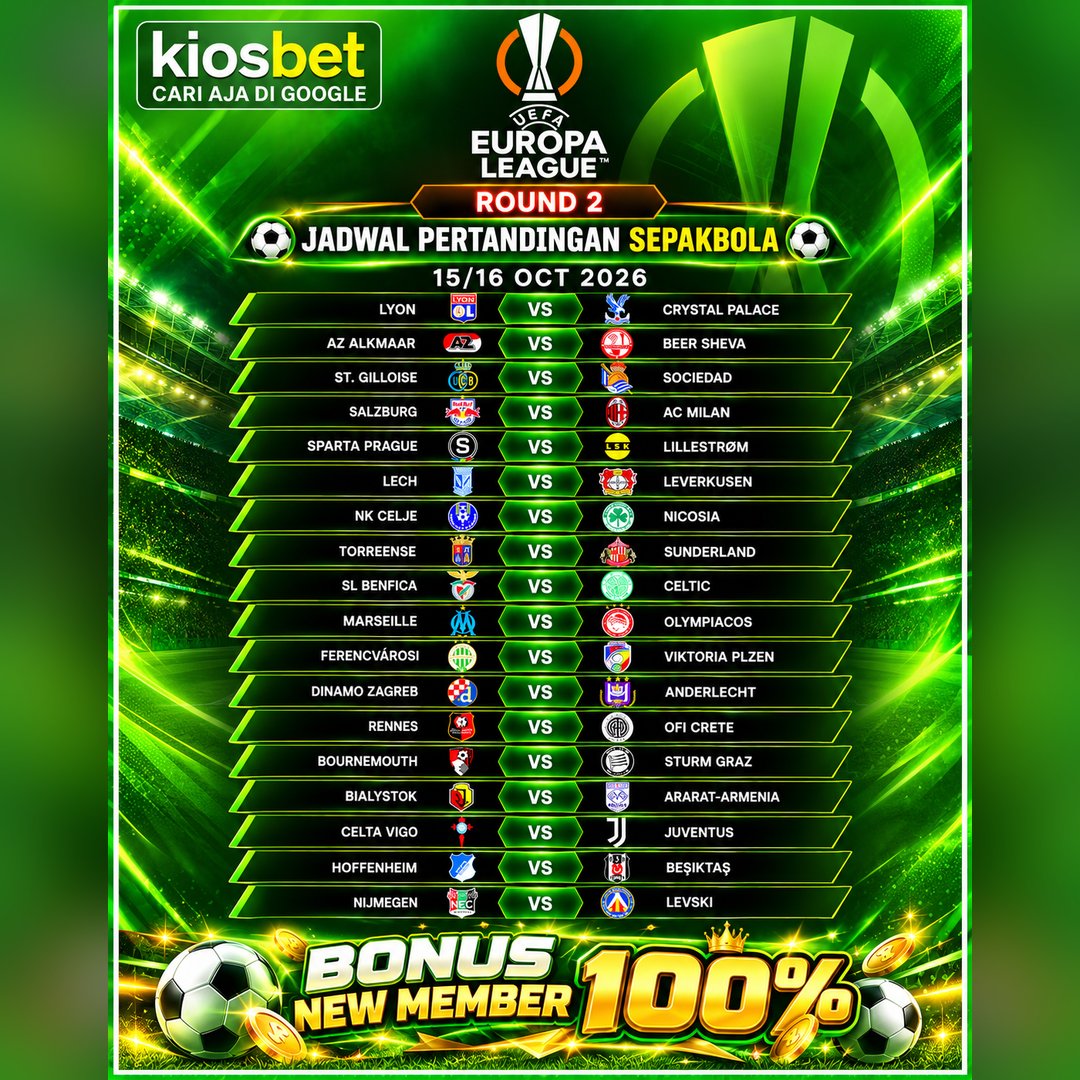 kiosbet_'s tweet photo. ⚽ Jadwal Pertandingan UEFA Europa League
📅 15/16 Oktober 2026
---------
#LALIGA 🇪🇸 | #SerieA 🇮🇹 | #Bundesliga 🇩🇪 | #Ligue1 🇫🇷
#seputarpialadunia2026 | #Gacor | #pialadunia2026
#kiosbet I #rbo88 I #beritabola #sepakbola https://t.co/iLVVcAWf3E
