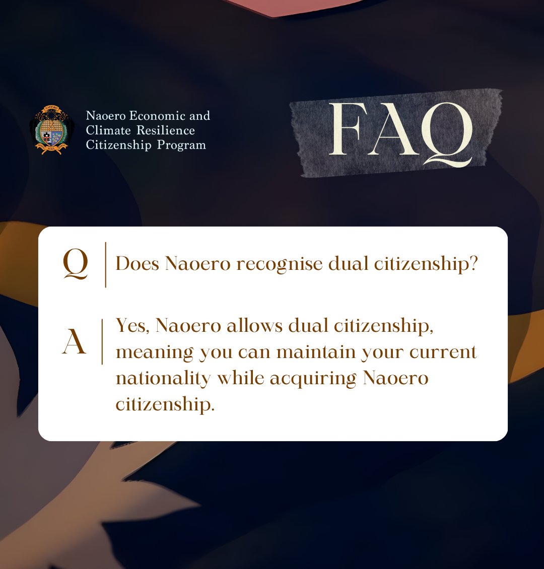 NaoeroOffice's tweet photo. Have questions about the Naoero Economic and Climate Resilience Citizenship Program?

Our frequently asked questions provide detailed information to help you understand the program and its requirements.

Visit our website to explore the full FAQ section.
https://t.co/NBtCE2YTgF https://t.co/9PwrW2qYwu