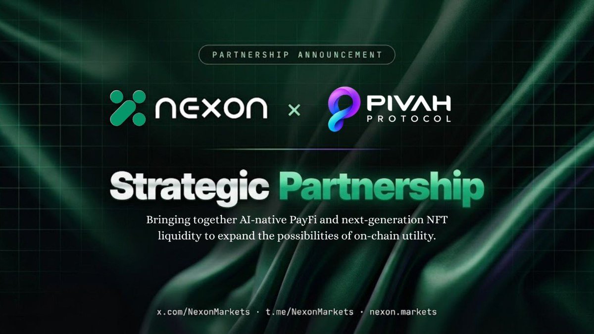 nexonmarkets's tweet photo. 🤝 NEXON × Pivah Protocol

We’re excited to announce our partnership with @Pivahprotocol, bringing together AI-native PayFi and next-generation NFT liquidity to expand the possibilities of on-chain utility. 🚀

🟢 NEXON is an AI-native PayFi ecosystem connecting digital assets, payments, and real-world consumption through a unified value chain and auditable settlement.

💎 Pivah Protocol is a next-generation NFT liquidity and trading protocol that brings NFT creation, marketplace trading, DEX swaps, liquidity pools, and NFT staking into one ecosystem.

Together, NEXON and Pivah Protocol share a vision of making digital assets more liquid, useful, and connected to broader on-chain economies.

From digital assets to real utility. From liquidity to opportunity. Let’s build the future of Web3 together. 🌐🔥

🔗 NEXON: https://t.co/sXKQtjwQGE 
💎 Pivah Protocol: https://t.co/6wqe4Fnzeb

#NEXON #PivahProtocol #PayFi #NFT #DeFi