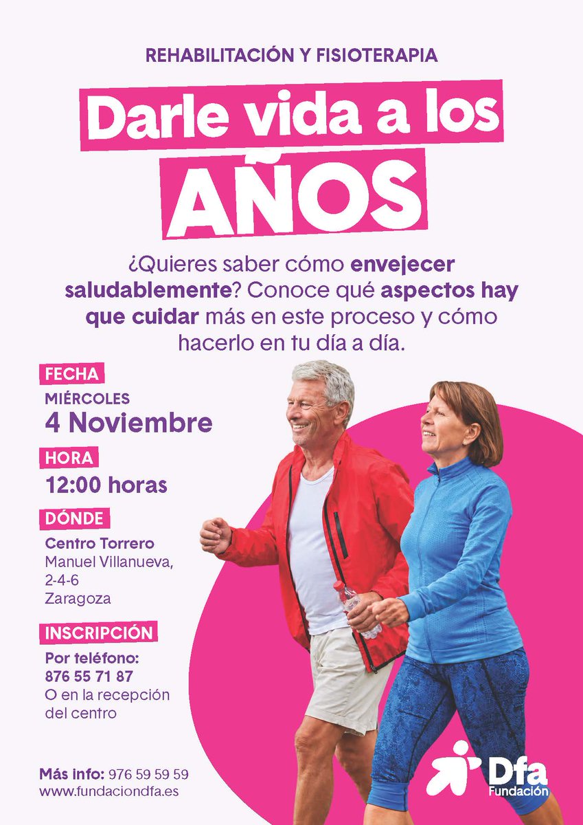 FundacionDfa's tweet photo. 📢Moverse un poco cada día cambia por completo cómo te sientes 
📌Charla gratuita 'Darle vida a los años'
 📆04/11
🕚11:00
📍C. Rehabilitación y Fisioterapia. F undación Dfa,
C/ Manuel Villanueva 2-4-6
Inscripciones:
📞 876 55 71 87, o en recepción
Info 🔗https://t.co/XXhUx5XMsj https://t.co/7zZ8lkhKdt