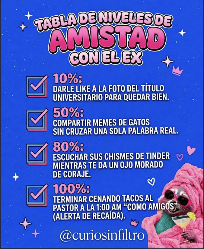 CurioSinFiltro's tweet photo. Tabla oficial de niveles de amistad con el ex (alerta de recaída incluida)

#TablaDeAmistad #AmigosDelEx #Recaida #HumorSinFiltro #CurioSinFiltro #Ex #HumorLatino https://t.co/04vz0P4loe