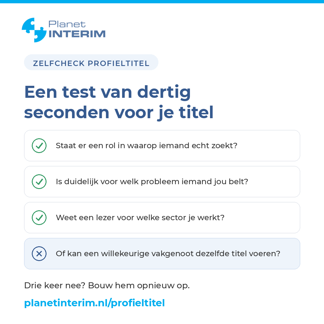 planetinterim's tweet photo. Interim manager? Een test van dertig seconden voor je eigen profieltitel.
zou een vakgenoot met een héél andere specialisatie exact dezelfde titel kunnen voeren? Zo ja, hij is te breed. Volledige zelfcheck + 40 voorbeelden: https://t.co/Ligqnh3DtZ https://t.co/FNMBa7J2D3