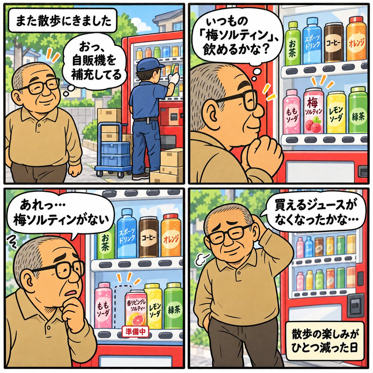 ckp3639's tweet photo. いつも飲むジュースが買えなくなって、残念ですね～
#4コマ漫画 
#AI漫画
#のんびりおじさん https://t.co/8dhIcjedmy