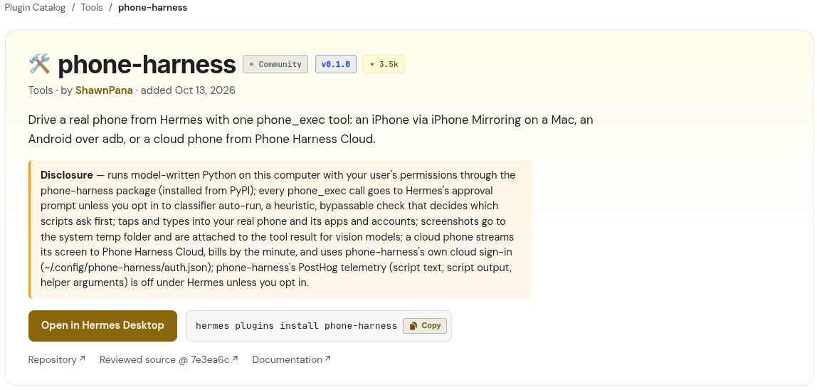 witcheer's tweet photo. Hermes Agent can use your real phone the way you do, and it's one install away in the Hermes plugin catalog: phone-harness.

(1) what you get:

- it sees the screen, taps, swipes and types, so it works with apps that have no API or plugin of their own
- ask it to check the forecast in Weather, or to open Notes and write something down for you
- iPhone through iPhone Mirroring on a Mac, Android over adb, or a cloud phone

(2) and you stay in charge:

- every script asks you first: allow once, for the session, or always
- on the phone, it checks with you before it sends, posts, buys, deletes or changes a setting
- it never types passwords, PINs or 2FA codes, it hands the phone back to you