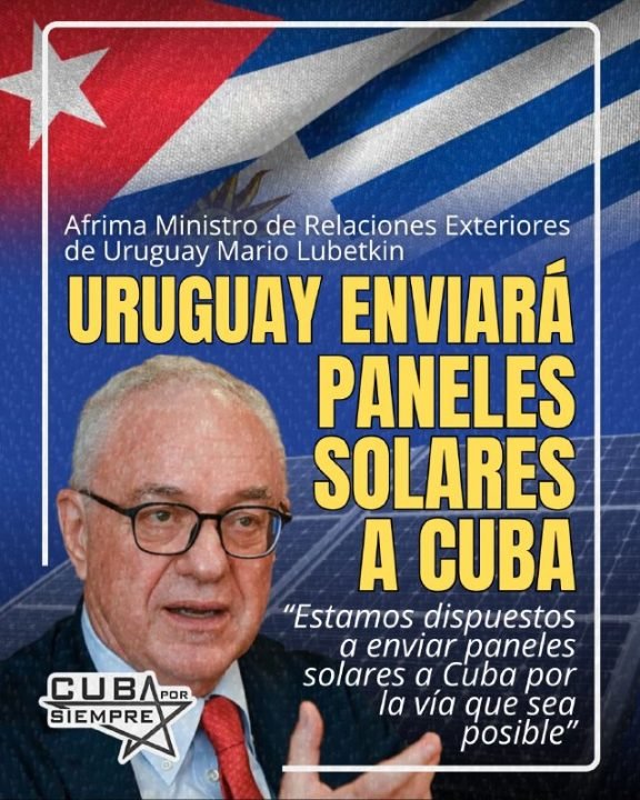 trocha1222's tweet photo. Uruguay confirmó su disposición de enviar paneles solares a Cuba para ayudar a aliviar su crisis energética. 🇺🇾🇨🇺 Se suma a la donación de 760 toneladas de leche en polvo junto a México. ¡Solidaridad en acción! ☀️ #Cuba #EnergíaSolar #LatirAvileño https://t.co/MR17sMcPoc