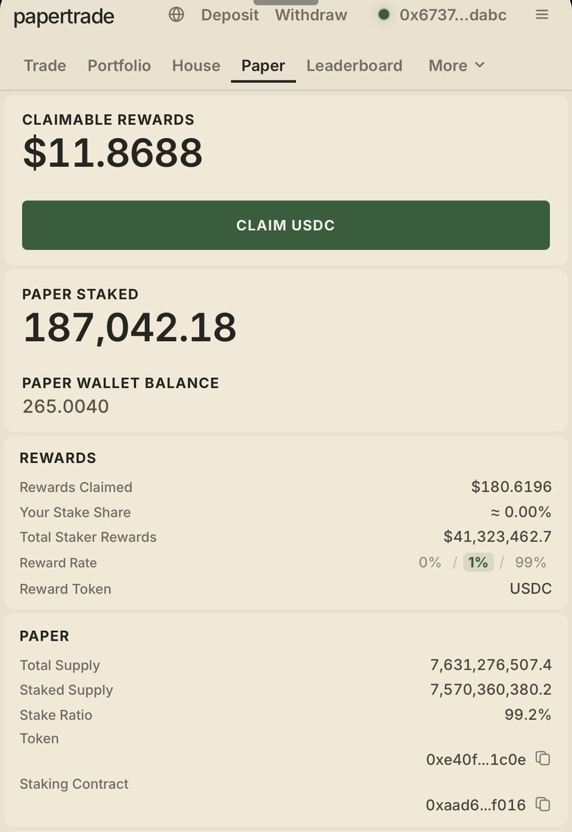 zzyxbt's tweet photo. Took an $8K+ loss on @PaperTrade yesterday and got 180K $PAPER tokens in return. 💀

Staking earns me a few dozen dollars a day for now. The payback period is going to be painfully long.🥲

#PaperTrade #Crypto #DeFi #Airdrop #YieldFarming https://t.co/duXIH2zrRL