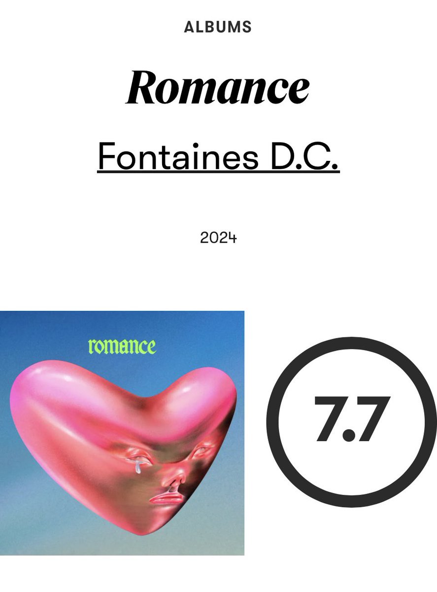 voices365jp's tweet photo. Pitchfork点数キタ！

Dogrel (2019) 8.0
A Hero’s Death (2020) 8.1
Skinty Fia (2022)  8.0
Romance (2024) 7.7
Dopamine Chamber (2026) 7.8
https://t.co/DsqH6K8YnI https://t.co/zW6sZbiXAS