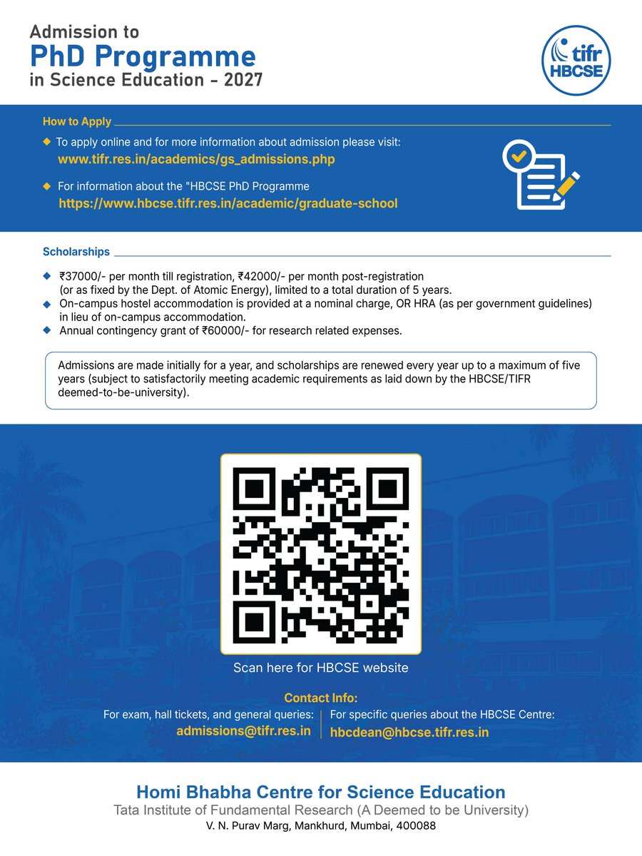 HBCSE_TIFR's tweet photo. Apply to HBCSE for a PhD in Science Education – 2027
Why are some concepts so hard to grasp? What helps students move from intuitive ideas to scientific understanding? Science education research tackles questions like these. https://t.co/YIyISoSSwc