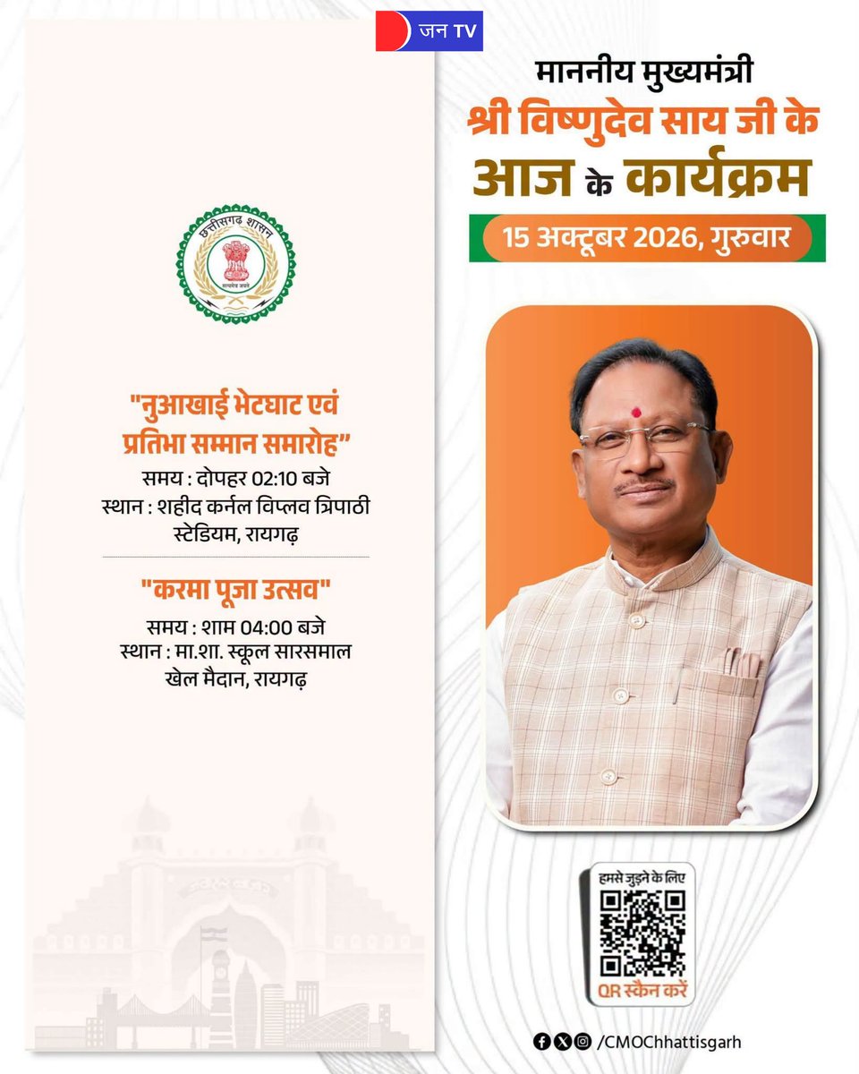 JANTV2012's tweet photo. Chhattisgarh CM Vishnu Deo Sai: मुख्यमंत्री विष्णु देव साय के आज के कार्यक्रम | 15th OCT 2026
#Chhattisgarh #VishnuDevSai #CMVishnuDevSai #ChhattisgarhCM #CGNews #Raipur #CMProgram #TodayProgram #ChhattisgarhNews #RaipurNews #ChhattisgarhGovernment #JANTV
@vishnudsai @ChhattisgarhCMO @BJP4CGState @BJP4India @CGPoliceDept @PMOIndia @PIB_India @mygovindia @chandanisinghb2 #Jantv_pks