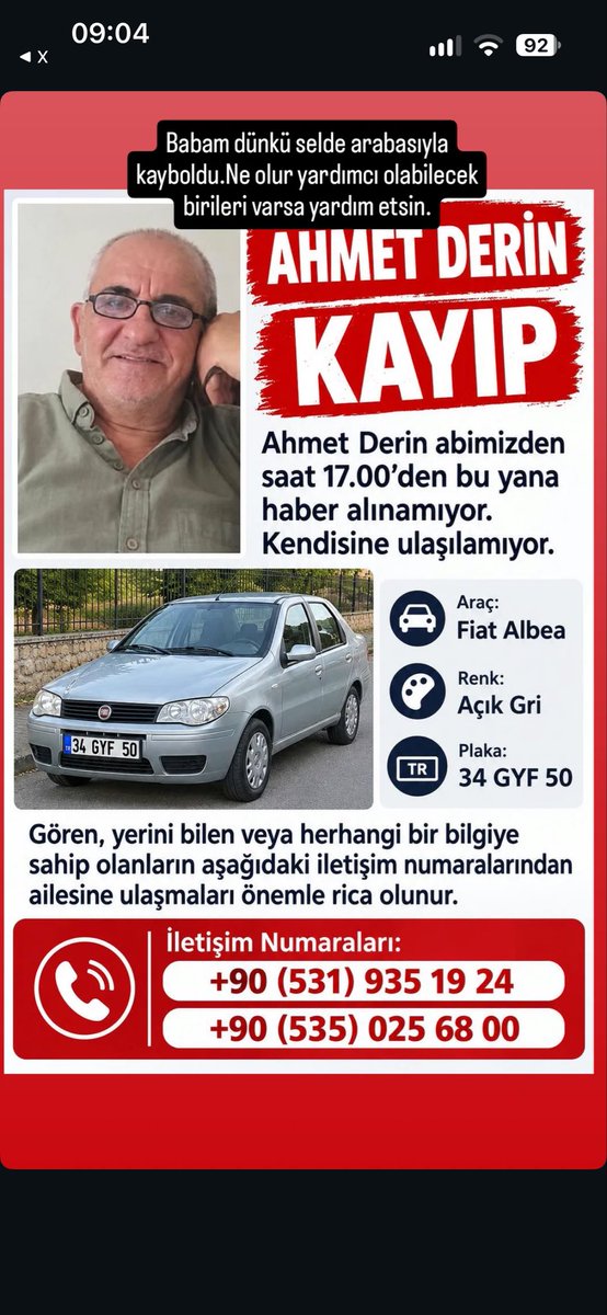 nazan_pektas's tweet photo. Arkadaşımın babası dünden beri Ayazağada kayip durumda, kendisinden haber alınamıyor, lütfen gören bilen varsa iletişim numaralarından arasin. #afad #sel #Ayazağa #sarıyer #istanbul #yardım https://t.co/bfRuiffY7S