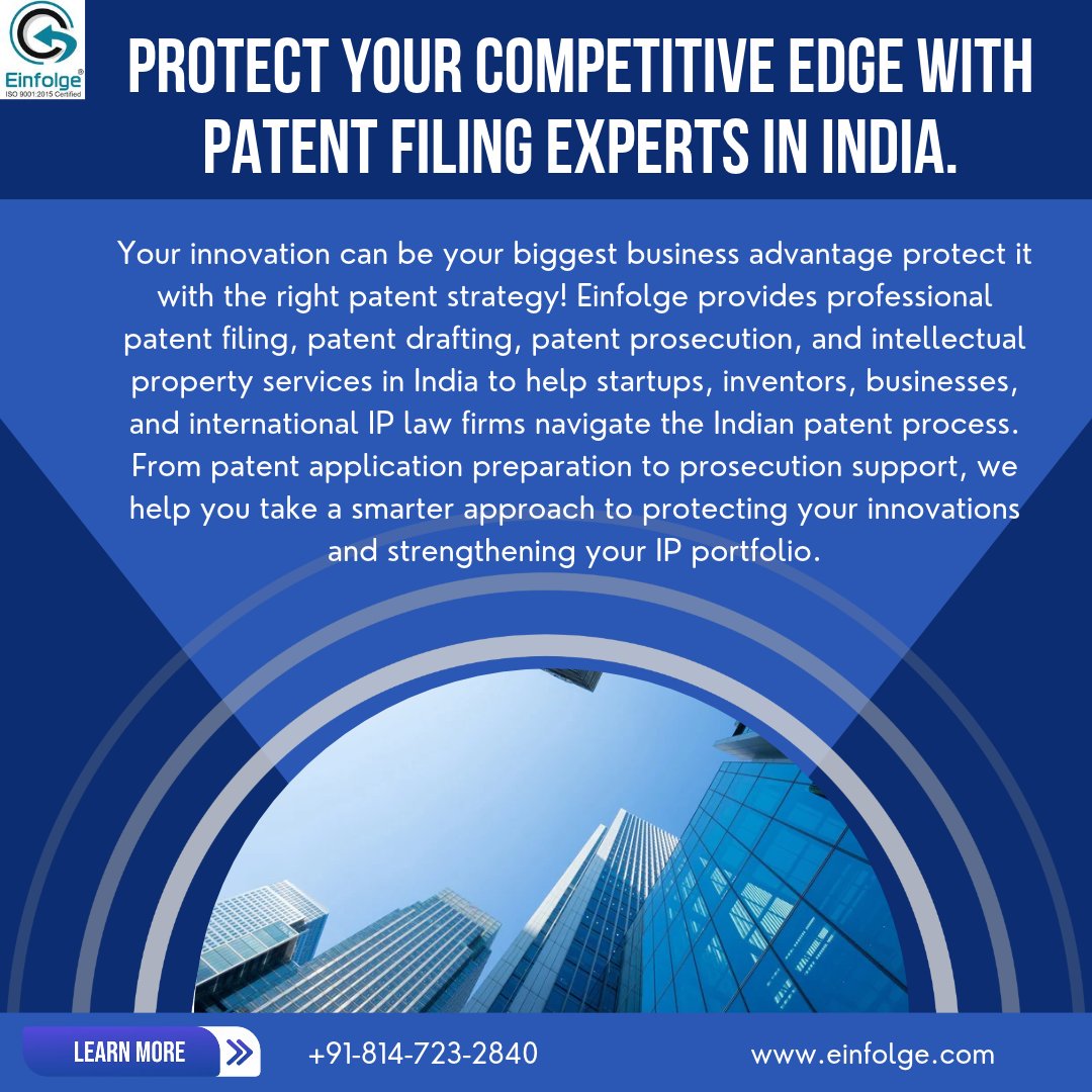 Einfolge's tweet photo. Give your innovation the protection it deserves! Partner with Einfolge for reliable patent filing and prosecution support in India. Explore our services: https://t.co/oHHr26n4Vt
#PatentFilingIndia #PatentExpertsIndia #PatentCompaniesInIndia #PatentServices #PatentDrafting https://t.co/Oy244gol83