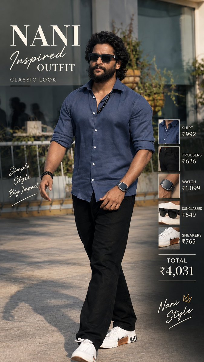 YSR2029369's tweet photo. Nani-inspired outfit for ₹4,031! 🔥😎
#Nani #MensFashion
Nani outfit recreate 

Shirt ✅₹992
https://t.co/9nTppuu7xt

Trouser ✅ ₹626
https://t.co/DQ3GJ7vBuJ

Sunglasses ✅₹549
https://t.co/eHmnMOCCNM
Watch ✅ ₹1099
https://t.co/dF1KmUaqnq

Sneakers ✅ ₹965 https://t.co/JaVpRFvcLl