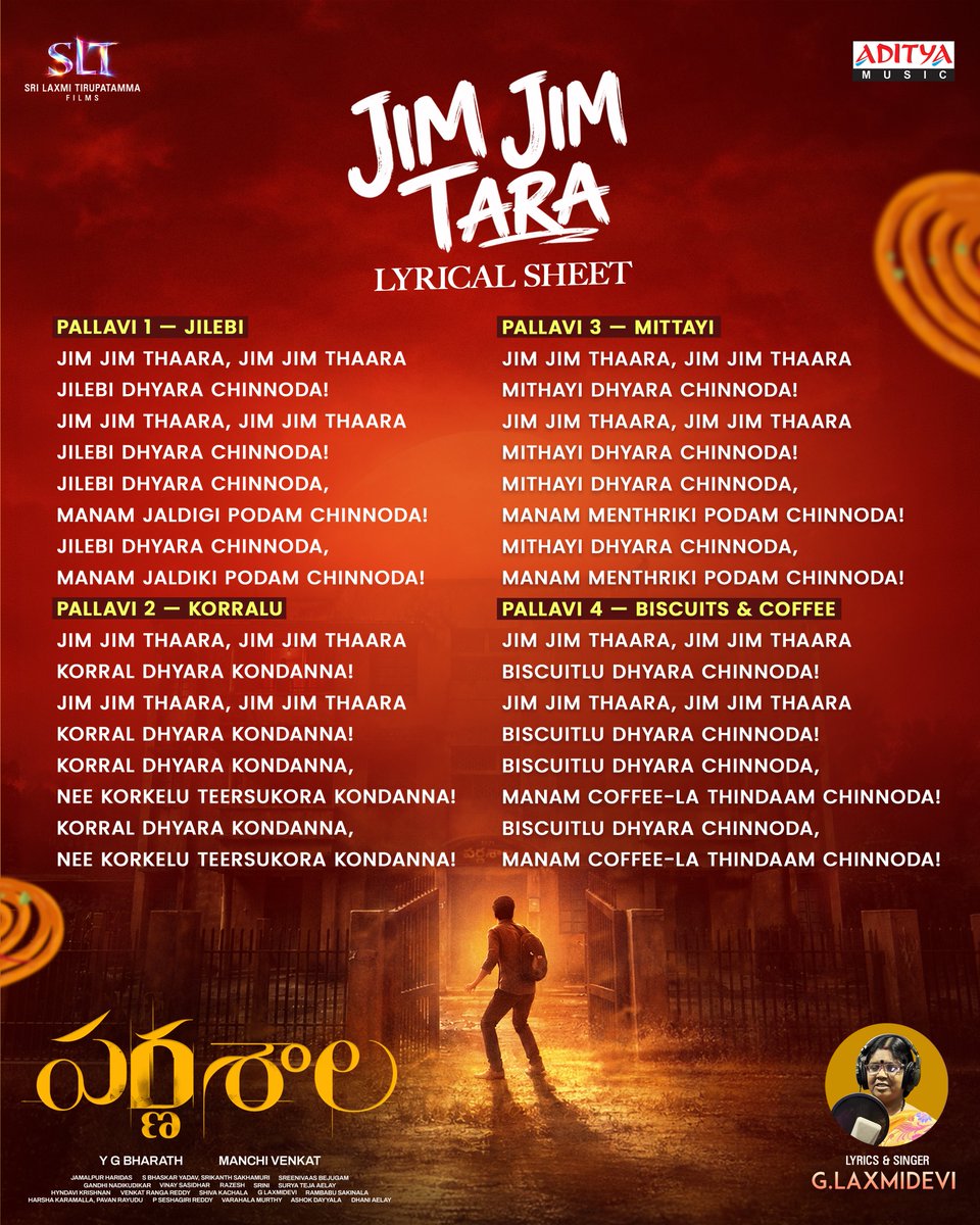adityamusic's tweet photo. Sing along to the catchy LYRICS of #JimJimTara and add this banger to your playlist! 🎶🎧

* https://t.co/lYcxSsHjTB

Lyricist & Singer - #GLaxmiDevi
Music Director - #VinaySasidhar

#Parnashala #Karthikeya #AnyukthaNallani #AjayGhosh #VishnuOi @ygbharath @Srinivaas_dp @ManchiVenkat8 @dhani_aelay @Sltfilmsoffl @TeamStarCircle @adityamusic