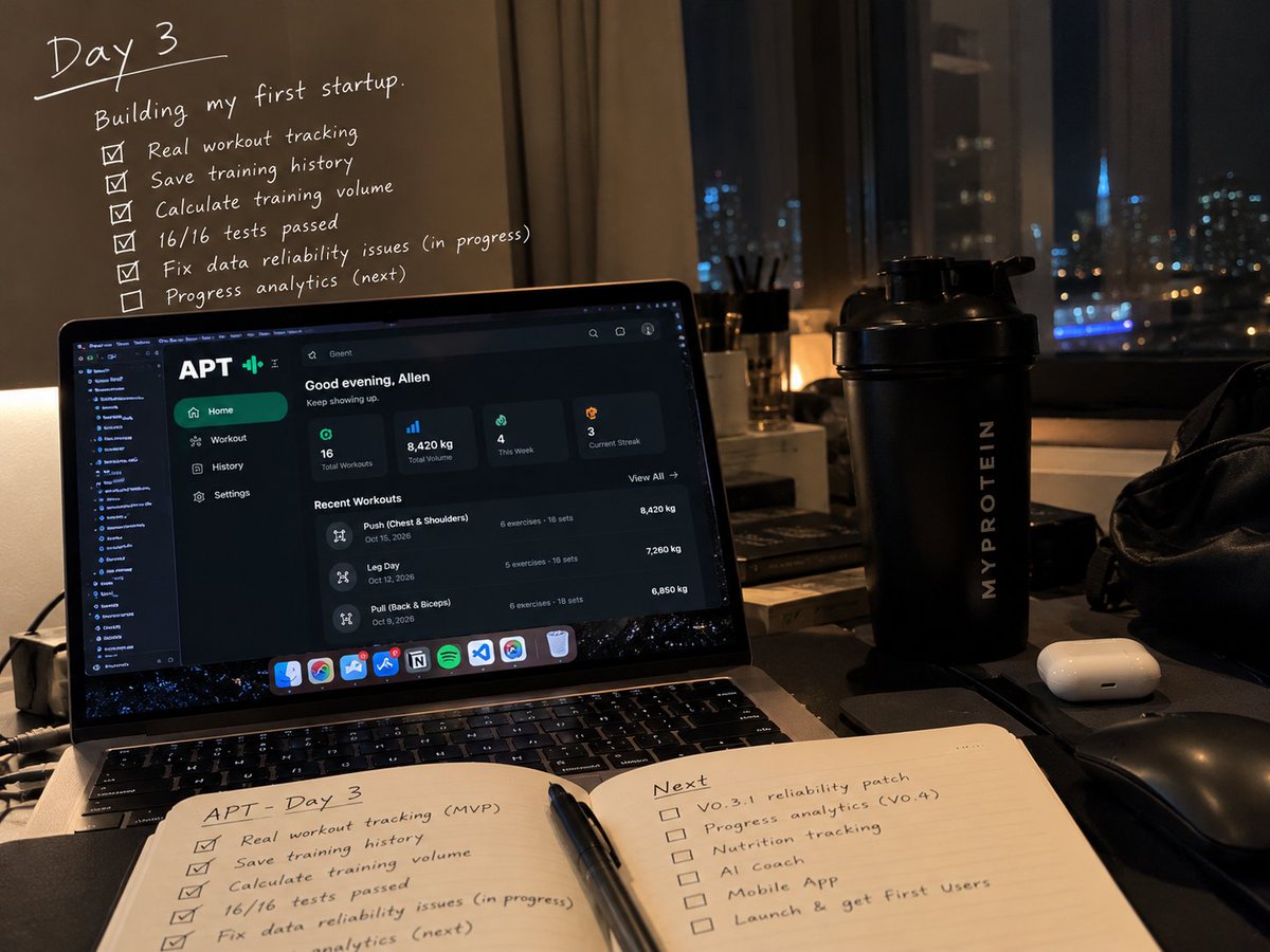 MingyuLi98's tweet photo. Day 3 of building my first startup.
Started with a blank MacBook.
Now APT can track real workouts, save training history and calculate training volume.
16/16 tests passed. ✅
Already fixing bugs before adding more features.
Codex builds the software.
I build the muscle.
Progressive overload applies to both. 💪
#BuildInPublic #indiehacker