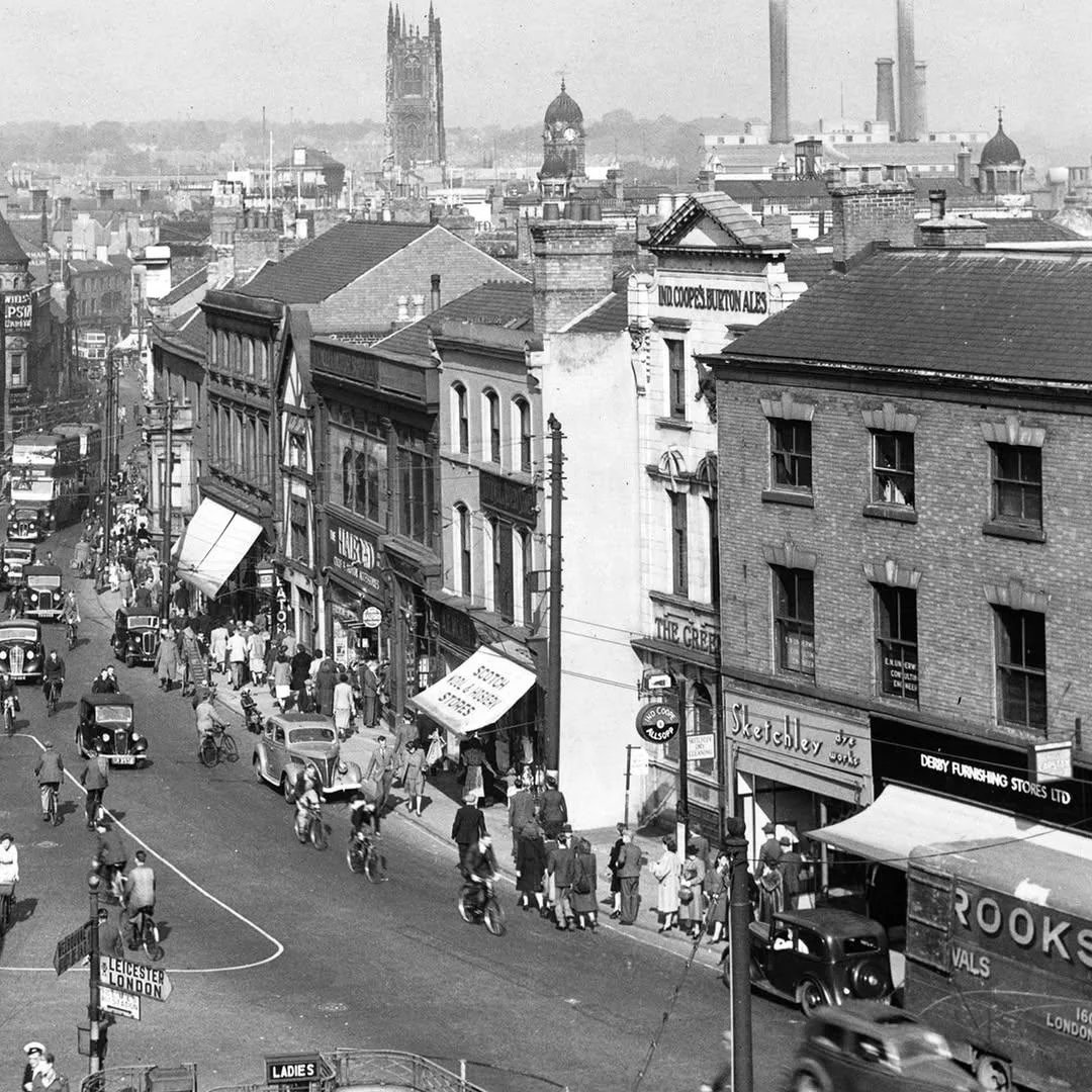 OldSchoolUK's tweet photo. St Peter's Street, Derby, England - 1946 https://t.co/SxvsGI1BGM