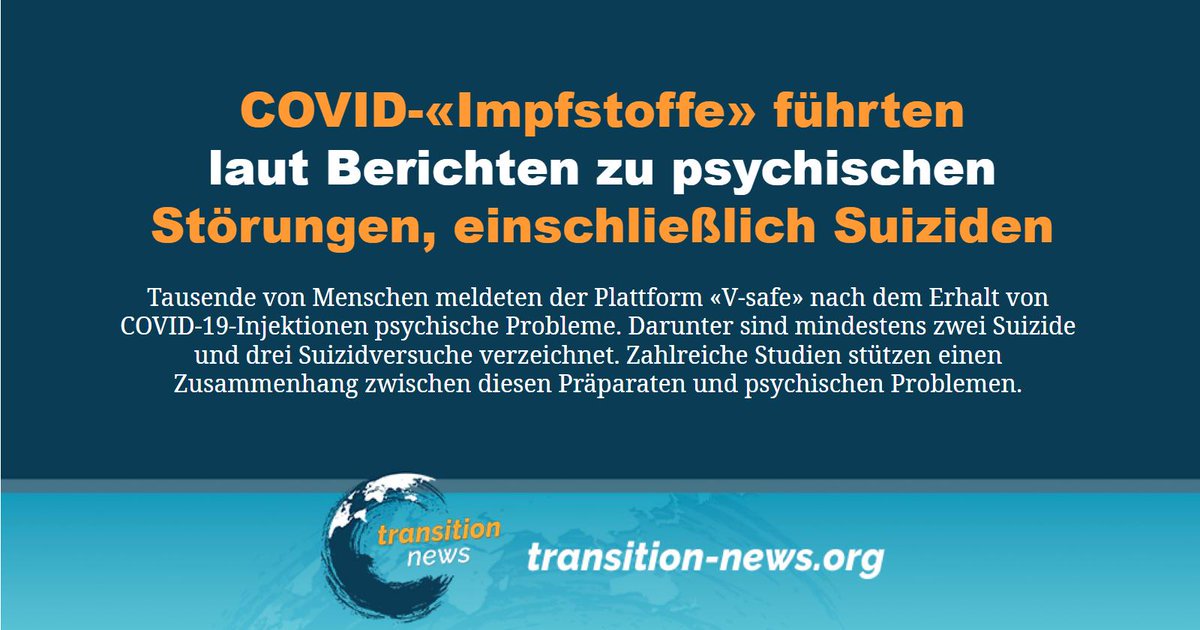 C_Transition2's tweet photo. Auf der der US-Plattform «V-safe» meldeten während der «Pandemie» Tausende von Menschen psychische Probleme, nachdem sie COVID-«Impfungen» erhalten haben.
Weiterlesen ... (https://t.co/zzwWyXhi0x)
#transitionnews #USA #Covid #Suizid #CDC #appvsafe https://t.co/3l08E1UxuO