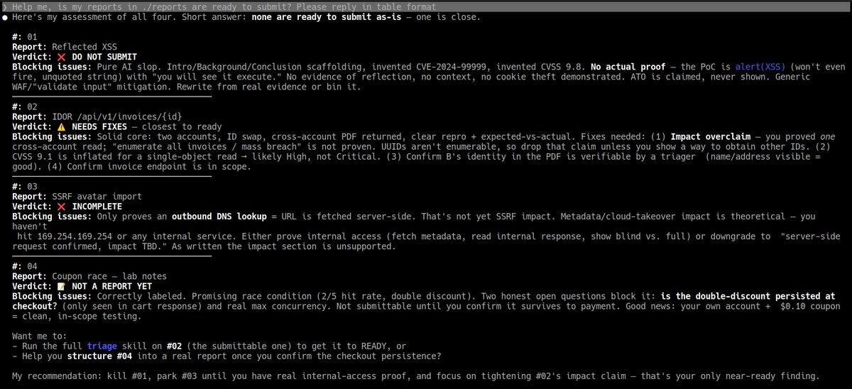 aacle_'s tweet photo. just came across this claude-kit by yeswehack 👀

the part i found interesting is how it handles things like IDOR, SSRF and race conditions when reviewing bug bounty reports.

it actually pushes back on claims you haven't proven instead of just helping you write a convincing report lol

especially the part about race conditions. multiple 200 responses don't necessarily mean the bug is real. you need to verify what actually changed.

might give this one a try 👇
https://t.co/UrZQ6d4cZB