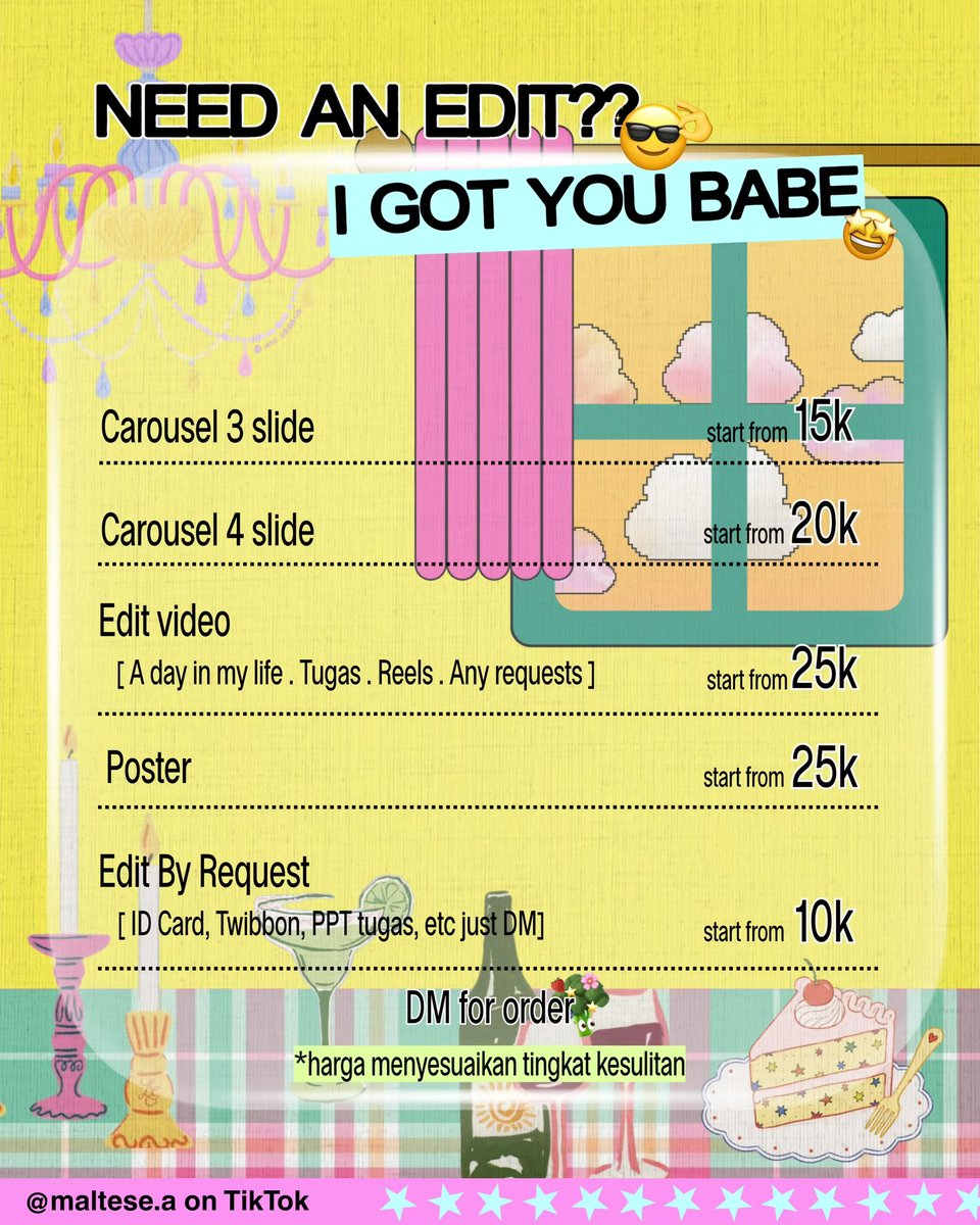 kyeomsdessert's tweet photo. open jasa edit carousel, video, a day in my life, poster, ppt 
canva, capcut langsung order by whatsapp

https://t.co/iaZRLSFsTE https://t.co/Wxa7V4YAjq