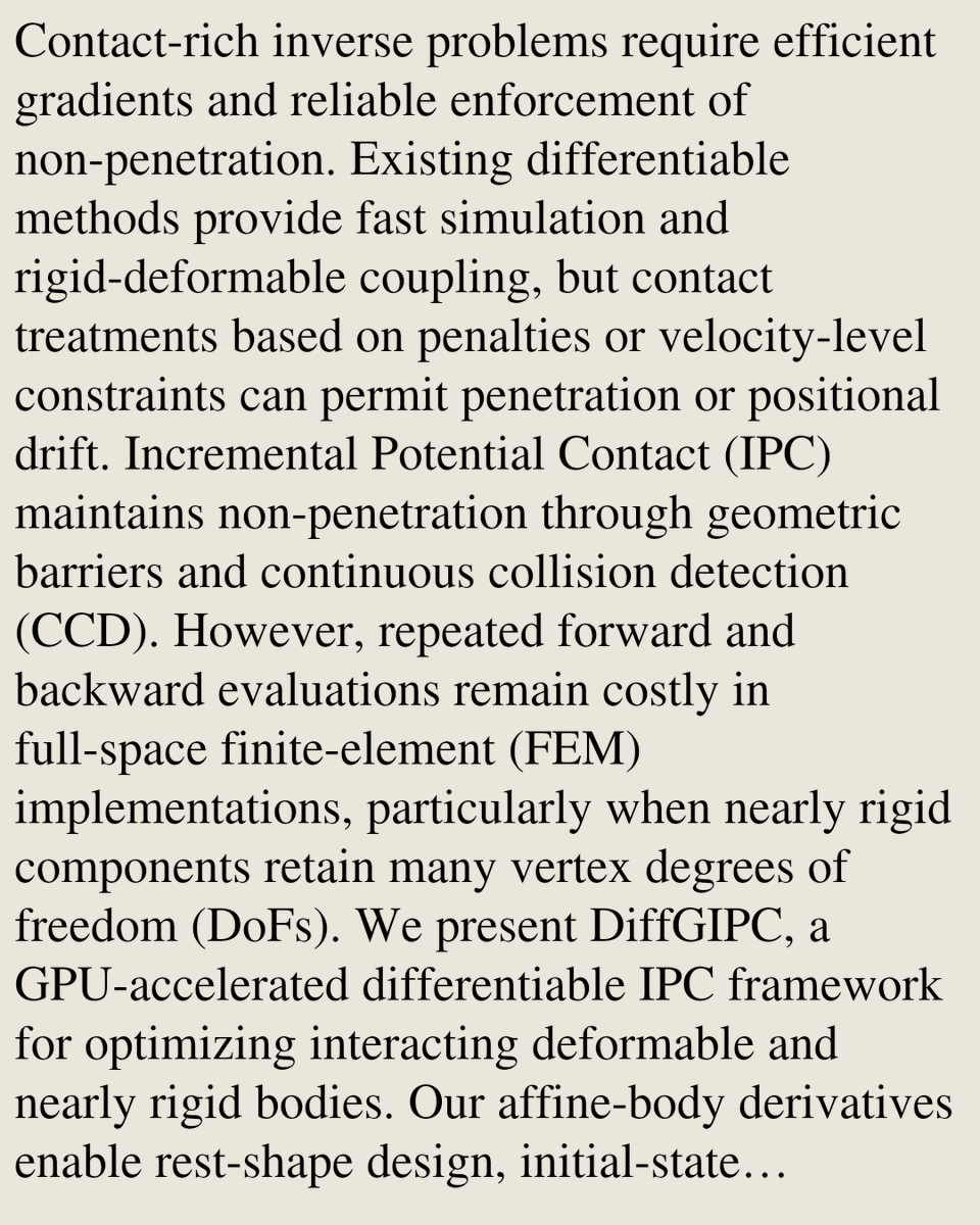 Animation's tweet photo. DiffGIPC: Differentiable Mixed-Coordinate Contact Dynamics on GPU

Kemeng Huang, Bowen Ren, Xinyu Lu, Minchen Li, Taku komura
https://t.co/i0aBxBm4pB [𝚌𝚜.𝙶𝚁 𝚌𝚜.𝚁𝙾 𝚌𝚜.𝚂𝚈 𝚎𝚎𝚜𝚜.𝚂𝚈] https://t.co/42VBVQzY5M