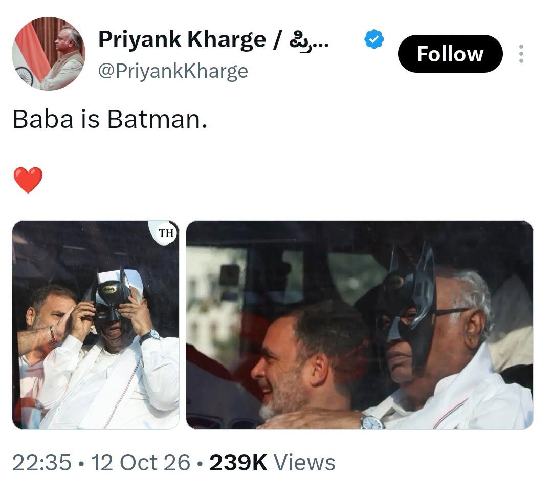 Nikku_AAP's tweet photo. Youth protests - hush!
* eating chicken rolls during shradhs
* making fun of youth

On 12th Oct, @RahulGandhi made @kharge wear a batman mask &amp; poze.
And this was live on Delhi streets during a protest break!

@AamAadmiParty had warned @INCIndia is hand in glove with @BJP4India https://t.co/IGtnse5uyj