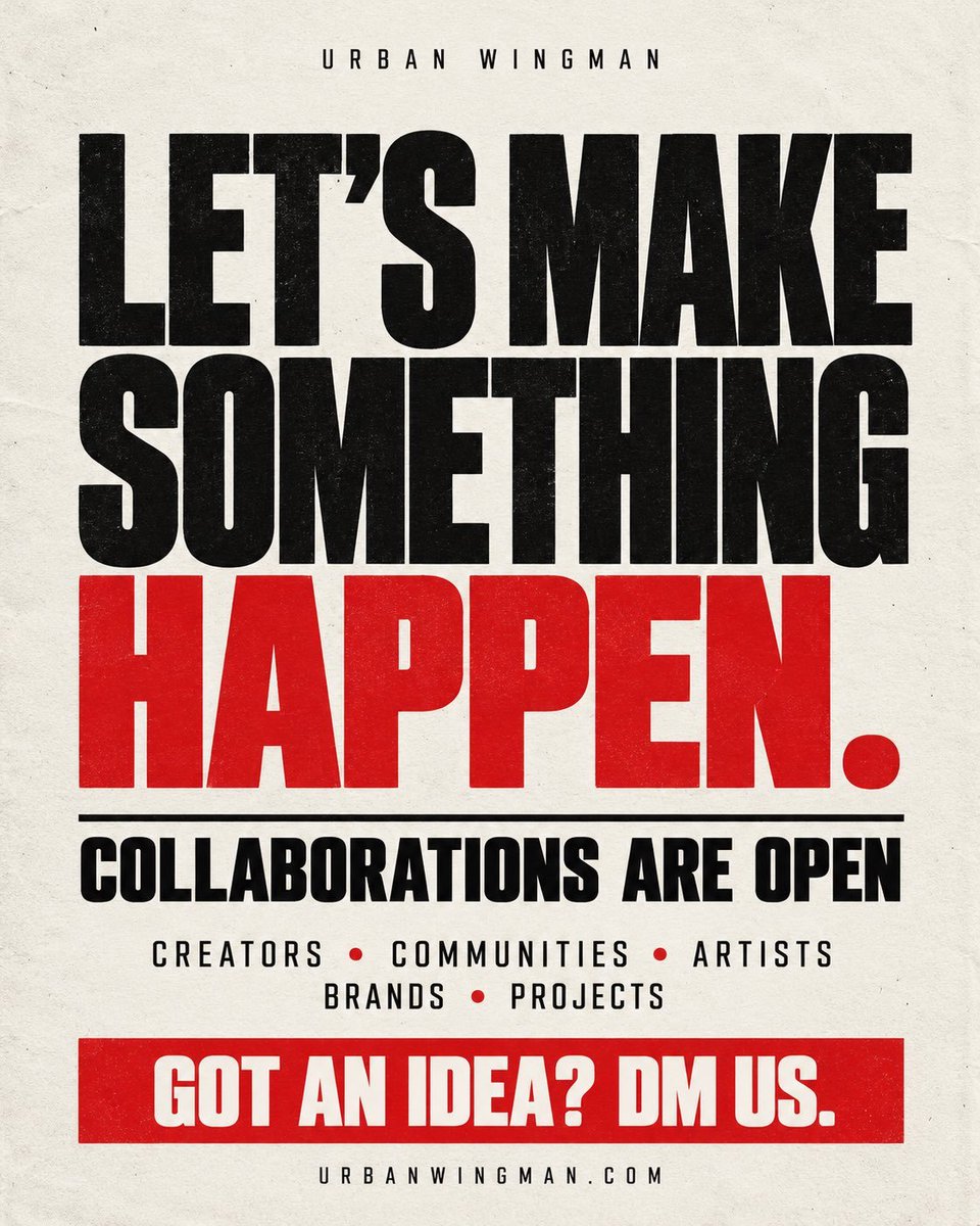 i0j0j0j's tweet photo. THE URBAN WINGMAN 

COLLABORATION CAMPAIGN IS LIVE! 🤝

We’re looking to connect with communities, creators, artists, brands and projects across all industries.

Content, events, giveaways, joint campaigns or an idea we haven’t thought of yet. If you see an opportunity for us to work together, we want to hear it.

Send us a DM with:

• Your community, brand or project name

• A brief overview of what you do

• The collaboration you have in mind

• Your audience or member count

• Average engagement or campaign participation

• Your raffle platform, if applicable

We’ll review every message and reach out to discuss opportunities that fit.

Know someone we should collaborate with?

Tag them below. 👇

LET’S MAKE SOMETHING HAPPEN.

https://t.co/sJ5yVd8mvm