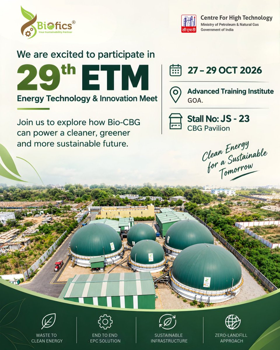 bioficspvtltd's tweet photo. India’s Bio-CBG opportunity needs more than potential. It needs strong engineering and reliable execution.

Meet Biofics at the 29th ETM - Energy Technology &amp; Innovation Meet 2026.

📅 27–29 Oct | 📍 Goa.
CBG Pavilion | Stall JS-23

#BioCNG #29thETM #cleanenergy #biofics https://t.co/NQDExYstsq